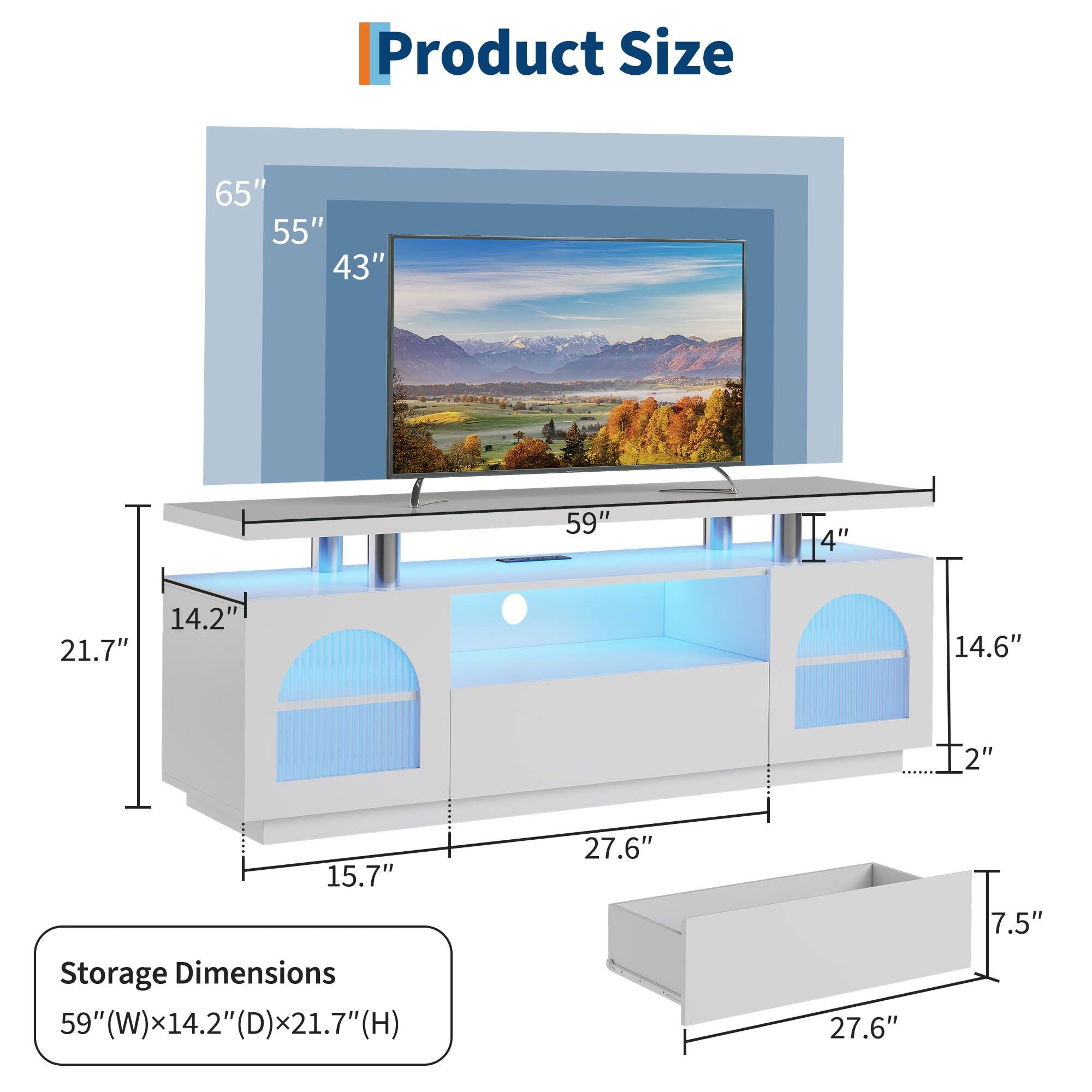 Product Size  
65" 55" 43" 59" 4" 21.7" 14.2" 14.6" 2" 15.7"

Storage Dimensions  
59"W x 14.2"D x 21.7"H