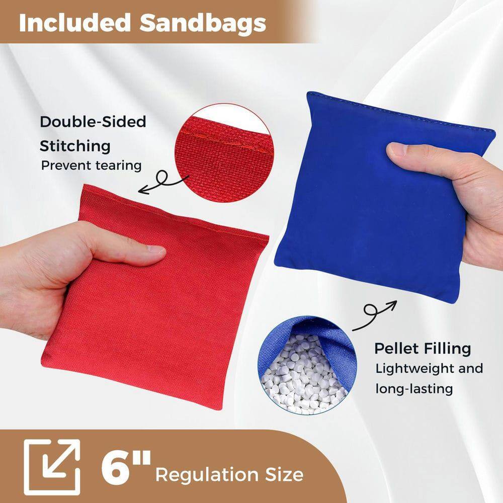 Included Sandbags  
Double-Sided Stitching  
Prevent tearing  
Pellet Filling  
Lightweight and long-lasting  
6" Regulation Size