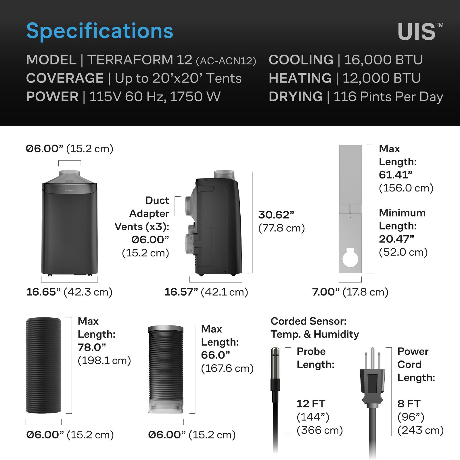 Specifications  
MODEL | TERRAFORM 12 (AC-ACN12)  
COOLING | 16,000 BTU  
HEATING | 12,000 BTU  
DRYING | 116 Pints Per Day  
COVERAGE | Up to 20'x20' Tents  
POWER | 115V 60 Hz, 1750 W  

06.00" (15.2 cm)  
Duct Adapter  
Vents (x3): 06.00" (15.2 cm)  
30.62" (77.8 cm)  
Max Length: 61.41" (156.0 cm)  
Minimum Length: 20.47" (52.0 cm)  
16.65" (42.3 cm)  
16.57" (42.1 cm)  
7.00" (17.8 cm)  
Max Length: 78.0" (198.1 cm)  
Max Length: 66.0" (16
