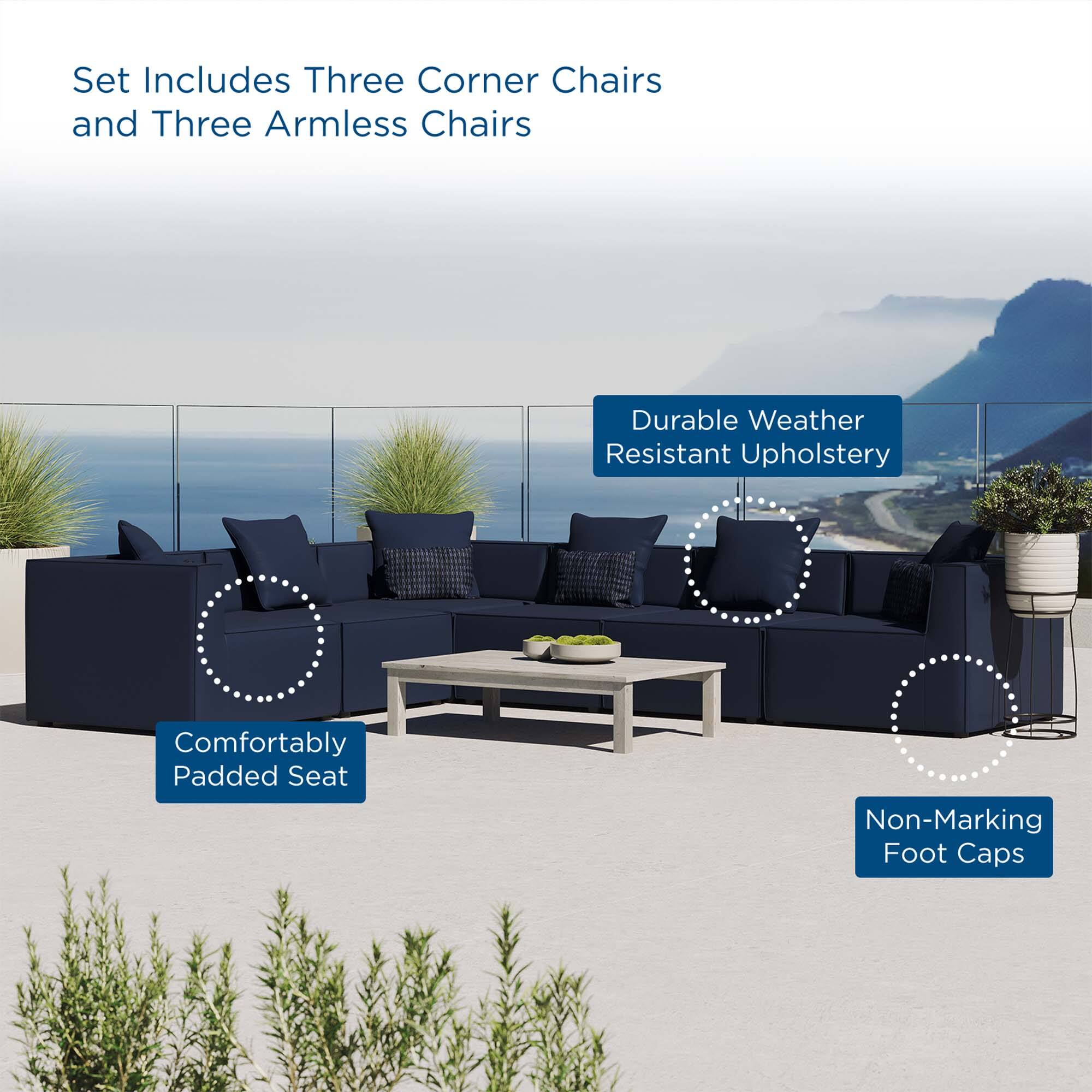 Set Includes Three Corner Chairs and Three Armless Chairs

- Durable Weather Resistant Upholstery
- Comfortably Padded Seat
- Non-Marking Foot Caps