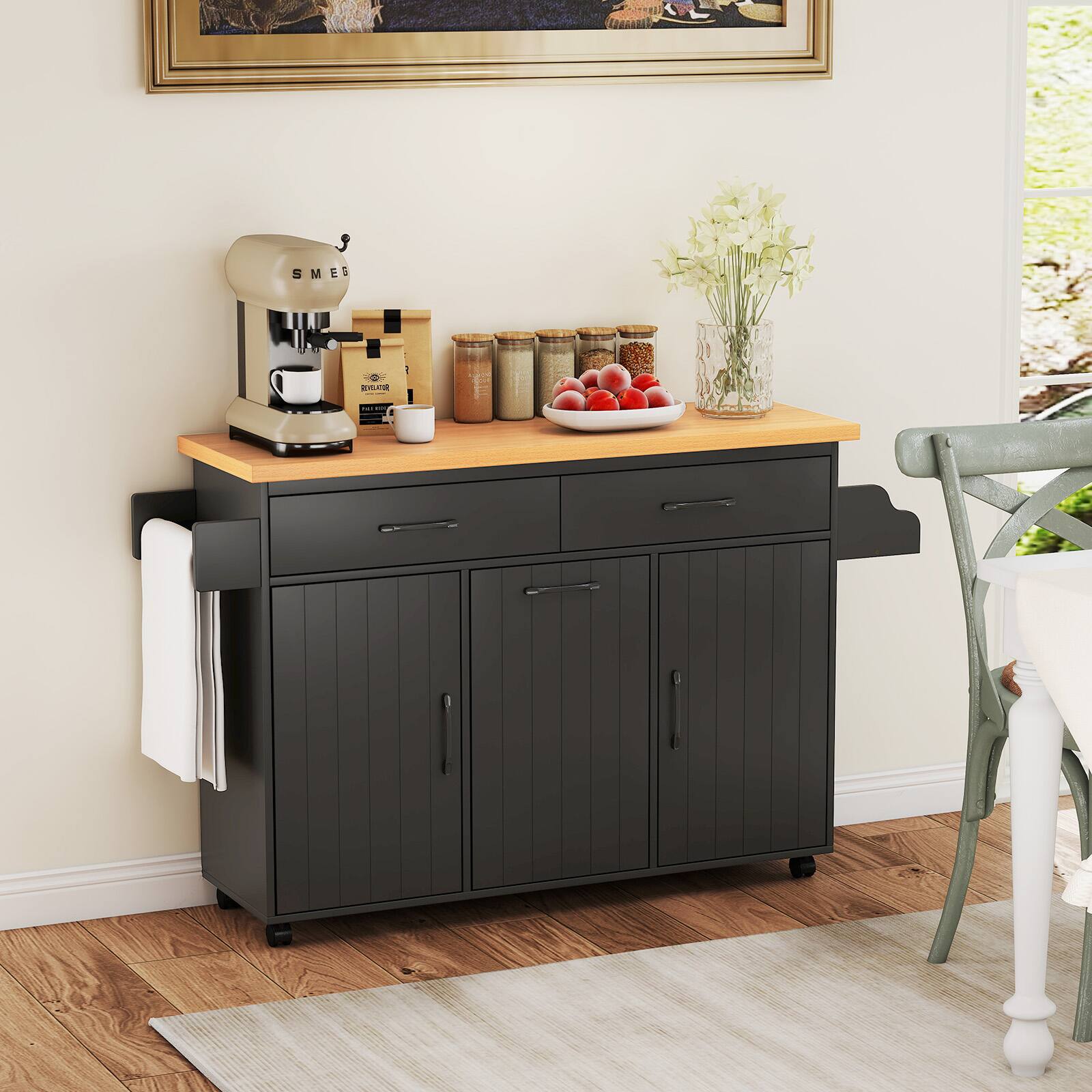 Alt View 3. Costway - Costway Rolling Kitchen Island Kitchen Cart with Tilt-out Trash Cabinet Island Table - Black.