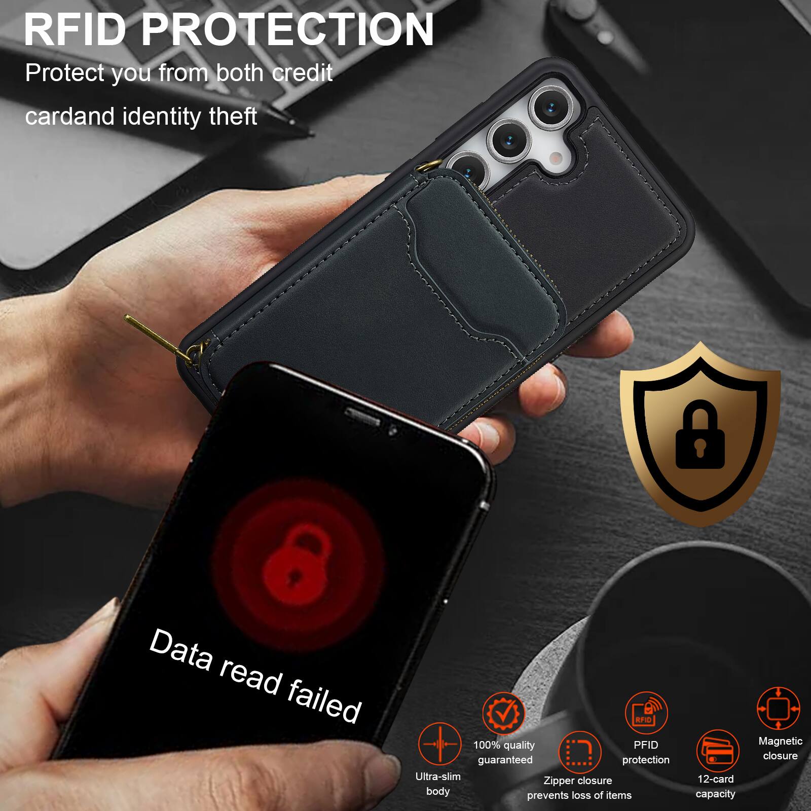 RFID PROTECTION  
Protect you from both credit card and identity theft  

Data read failed  

100% quality guaranteed protection  
Ultra-slim closure  
Zipper body prevents loss of items  
Magnetic closure  
12-card capacity  

RFID PROTECTION  
Protect you from both credit card and identity theft