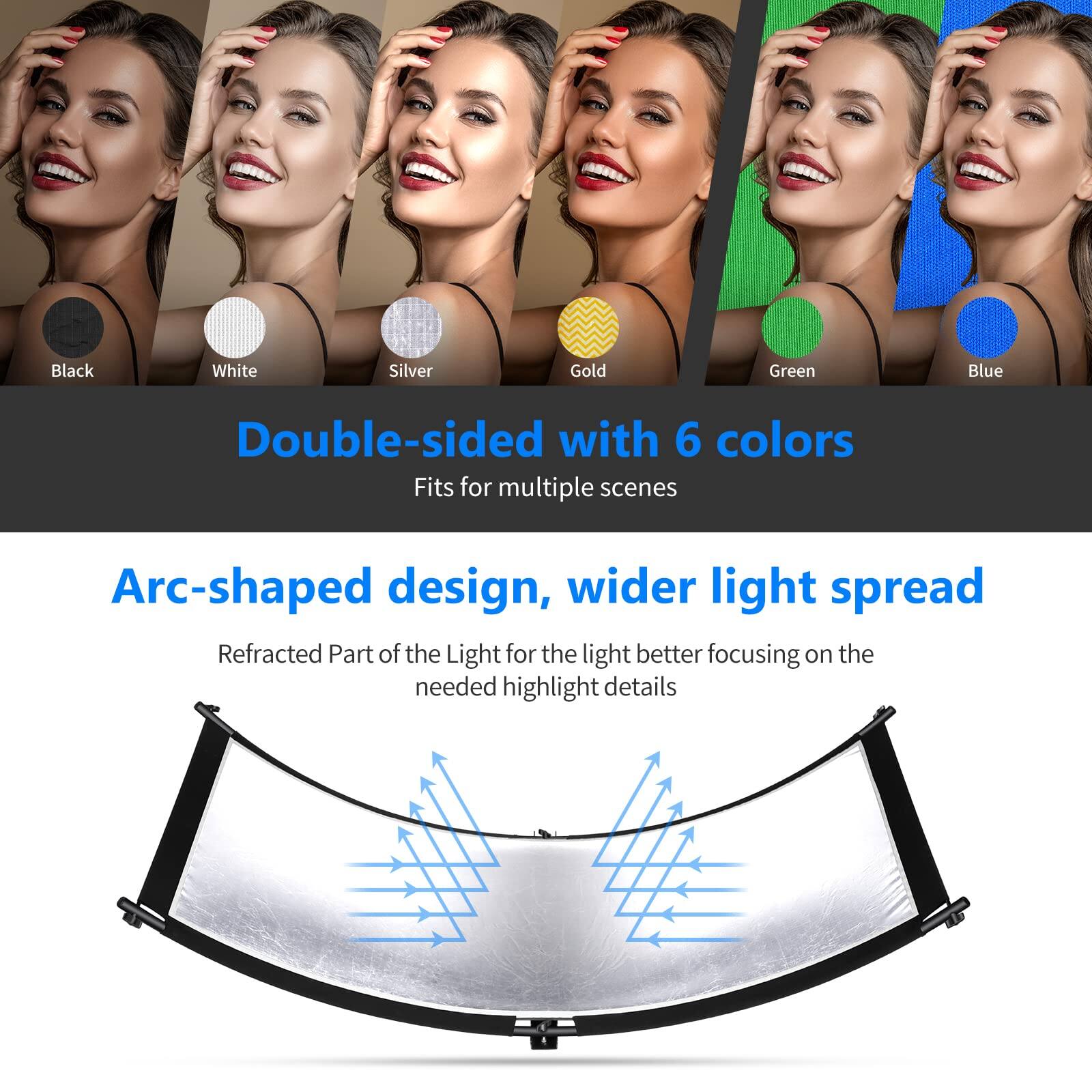 Double-sided with 6 colors  
Fits for multiple scenes  

Arc-shaped design, wider light spread  
Refracted Part of the Light for the light better focusing on the needed highlight details