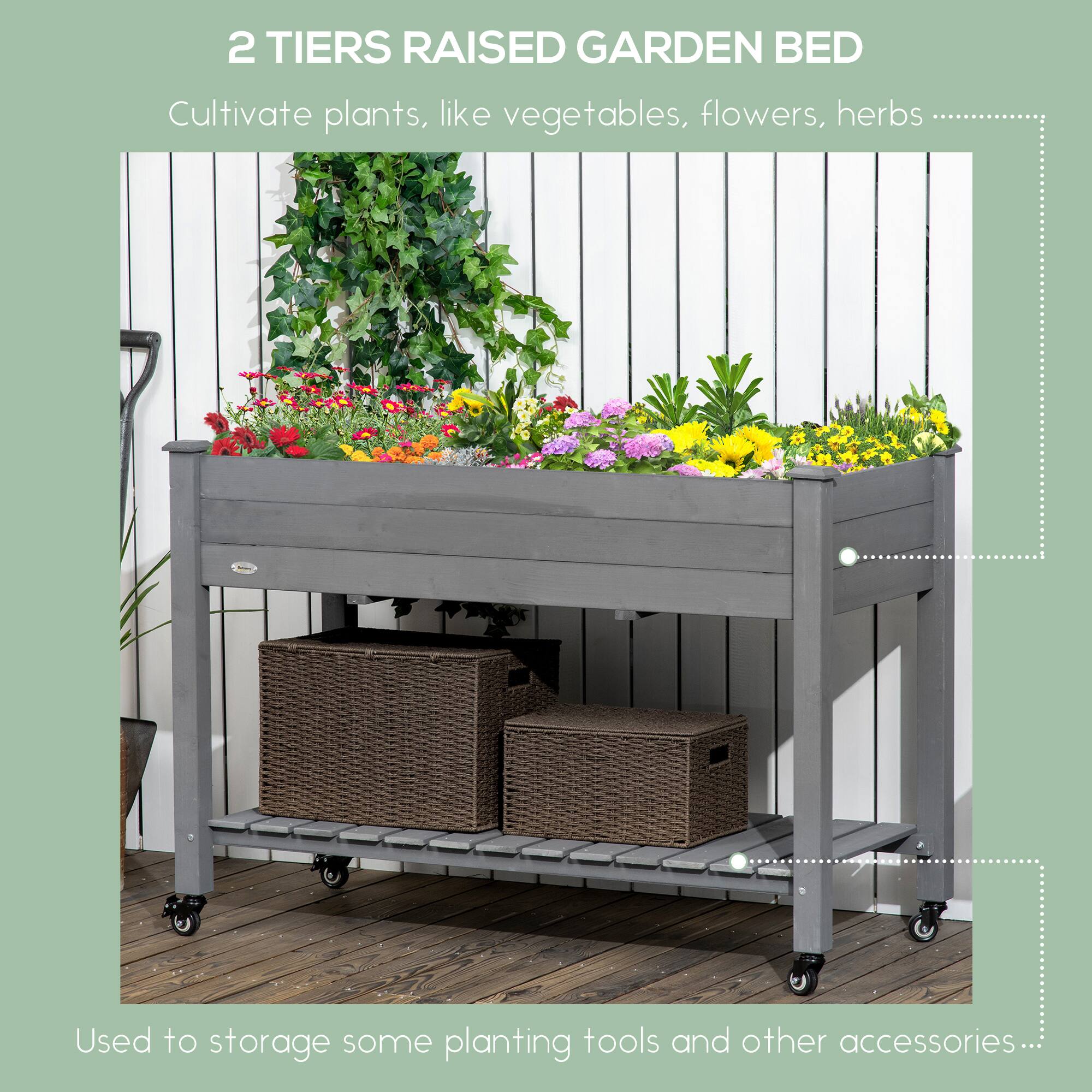2 TIERS RAISED GARDEN BED

Cultivate plants, like vegetables, flowers, herbs

Used to storage some planting tools and other accessories...
