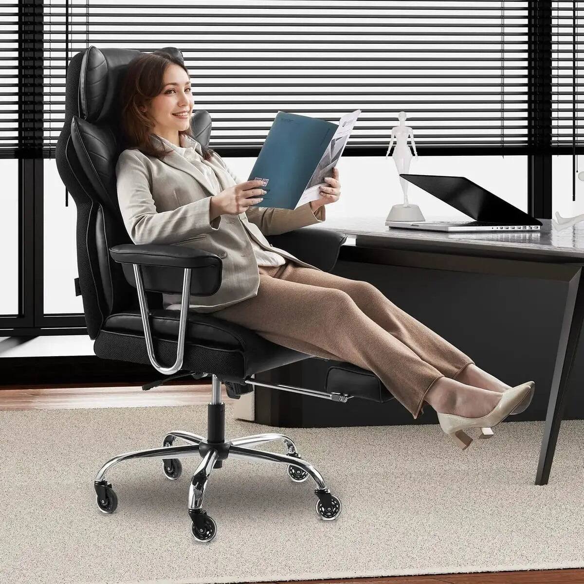 Alt View 1. Platinum-Level - Heavy Duty Reclining Office Chair 400lb with Footrest and Lumbar Support - Brown.