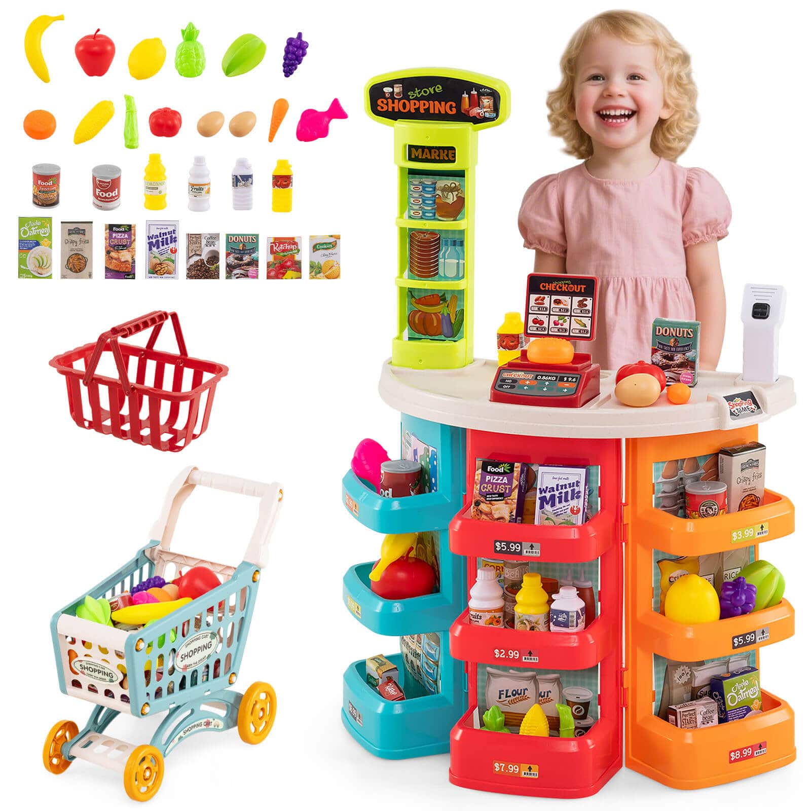 Costway - 76 PCS Pretend Play Grocery Store Set with Shopping Cart Scale Scanner Light Sound - Multicolor