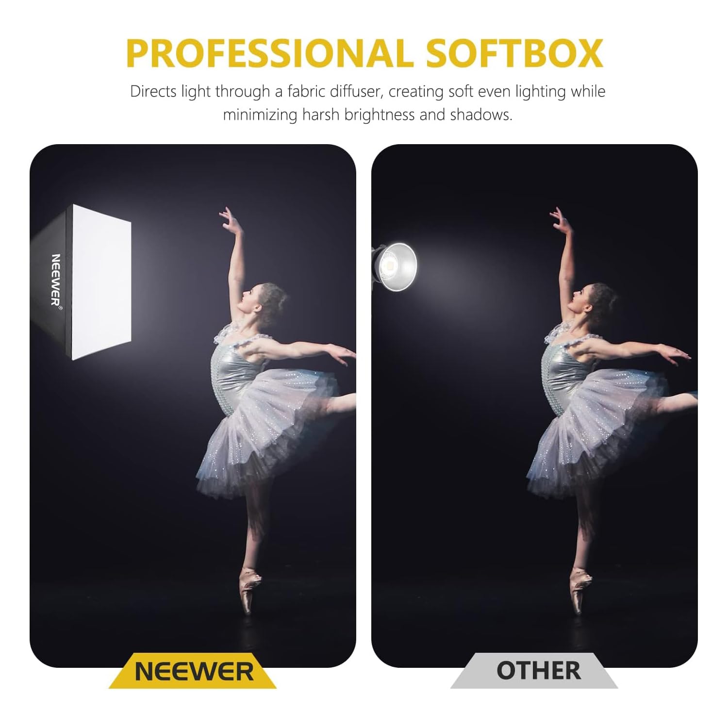PROFESSIONAL SOFTBOX  
Directs light through a fabric diffuser, creating soft even lighting while minimizing harsh brightness and shadows.  

NEEWER  
OTHER