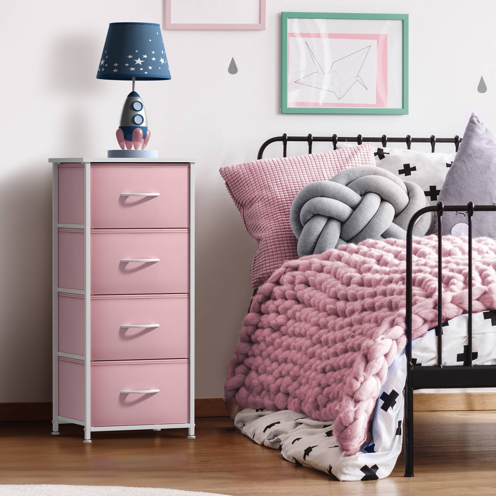 Angle. Sorbus - Sorbus Nightstand with 4 Drawers, Bedside Furniture & Night Stand Dresser with Steel Frame, Wood Top, Fabric Bins - Pink.