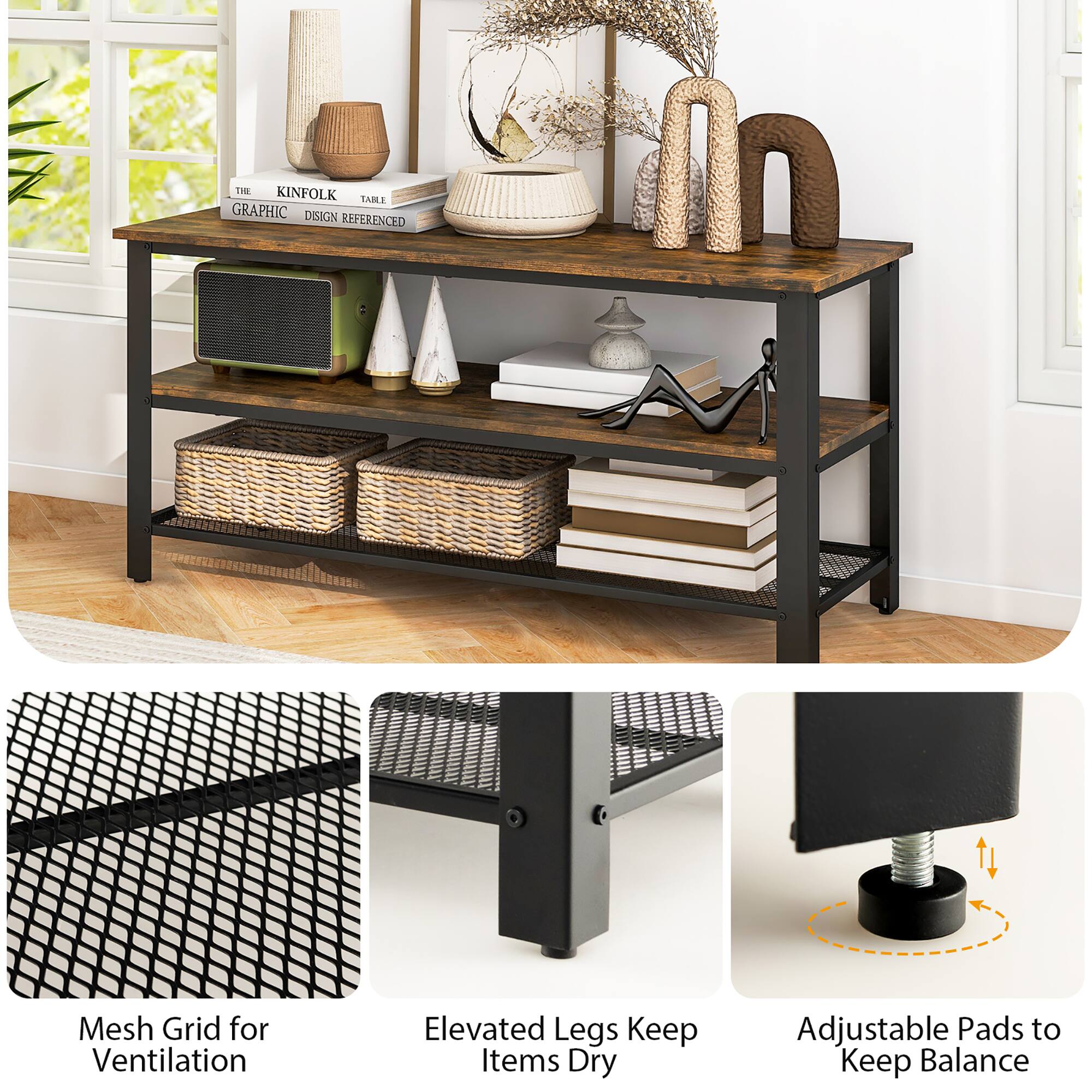 In Kinfolk Sable Graphic Design, the mesh grid for ventilation is a key feature. Elevated legs keep items dry and the adjustable pads help to keep balance.