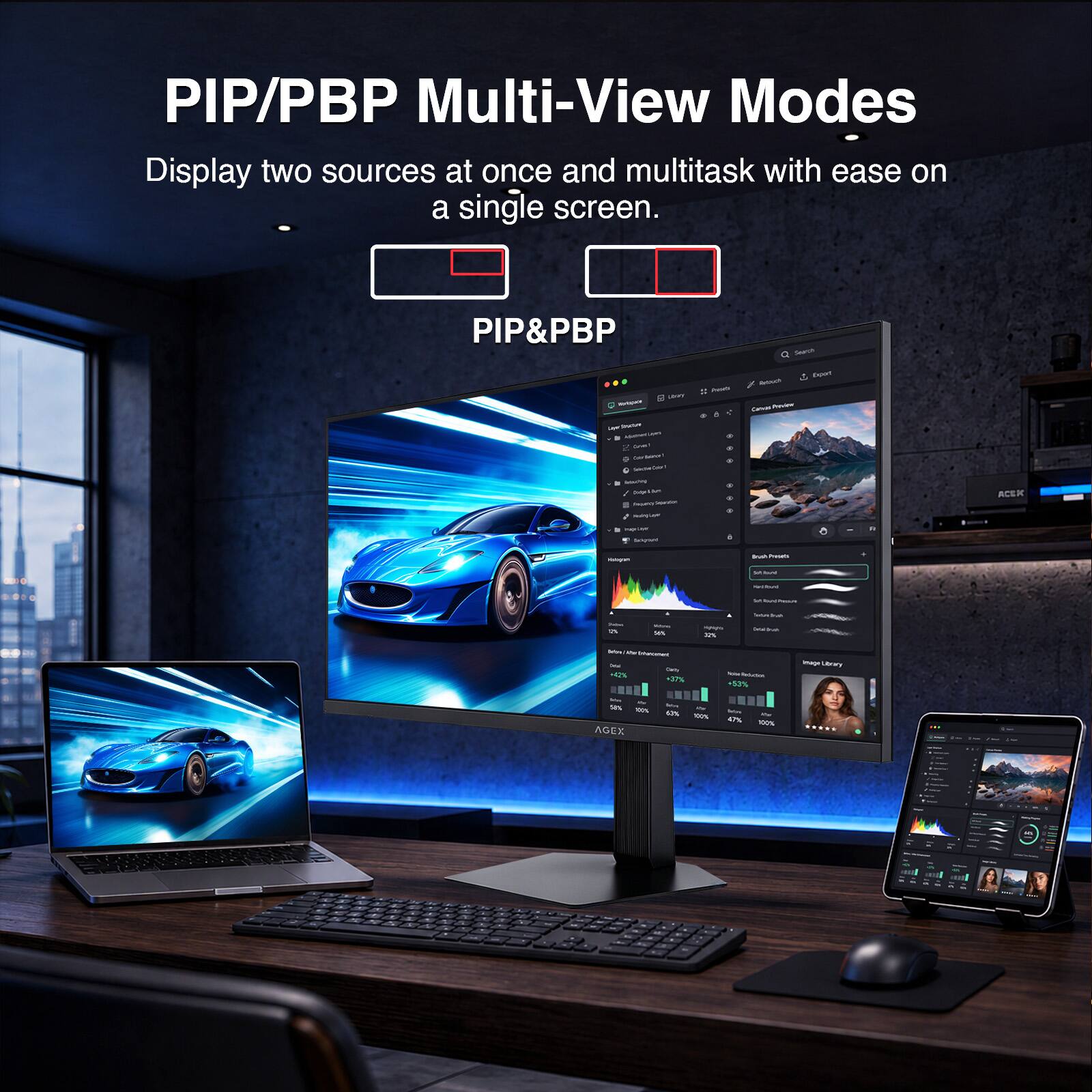 PIP/PBP Multi-View Modes  
Display two sources at once and multitask with ease on a single screen.  

PIP&PBP  

Search  
Libro WHOOPER Duilly - - Contanmon? - inserving Drip Hon  
People  
Cerver Preving  
Eggert  
ACEX  
-  
- Selignand  
Volayon  
Brush Presets  
MI  

Sult Rourel Pressum  
Salues 21  
Mine 54%  
- 2%  
TentemBrum Snaibur  
Sifper After Defament - Daily +42% *30%  
Reduction -03%  
Image Library  
Mix - 58% 108% AGEX  
are 67%  
Me 100%  
helms 47%  
Me 100%  
.....  
-  
5