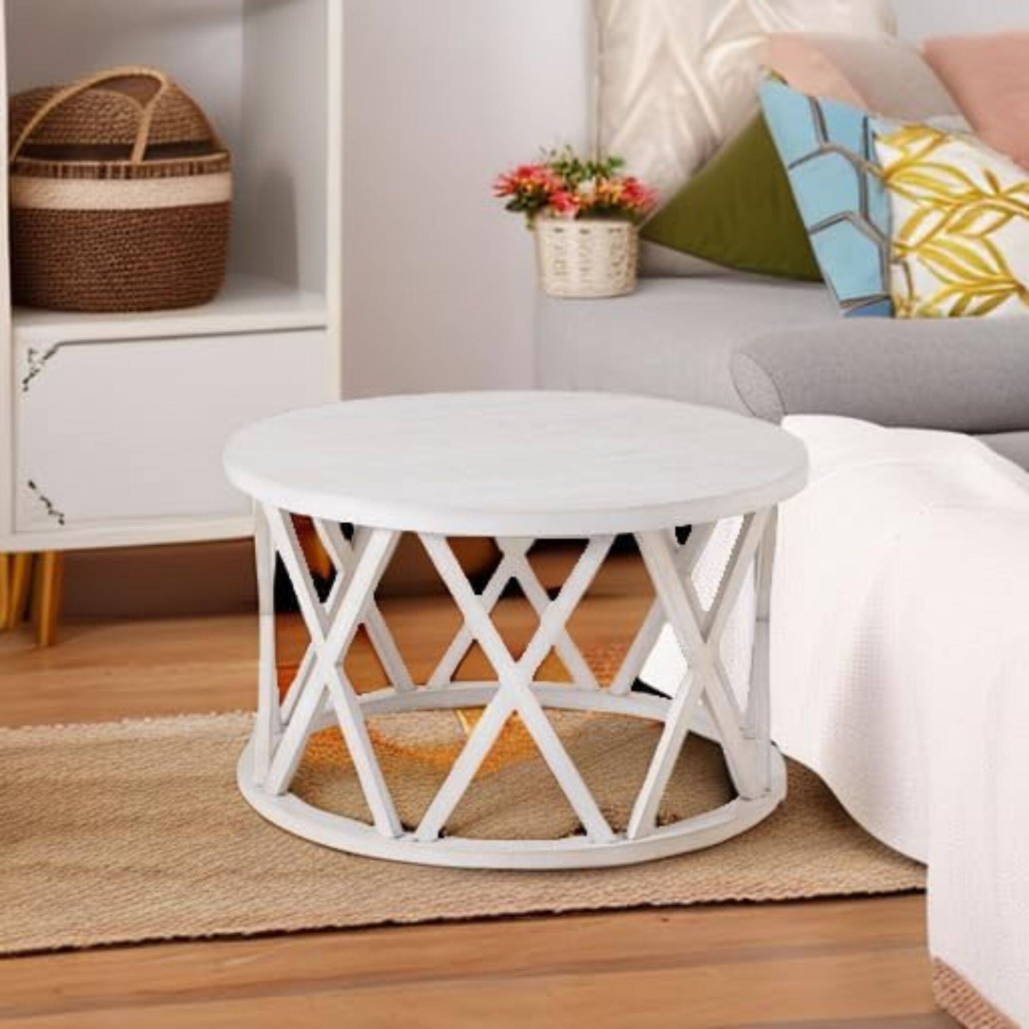 Alt View 3. COZAYH - COZAYH Rustic Farmhouse Round Coffee Table, X-Motifs Legs & Wooden Top, Set of 2 - Antique White.