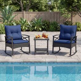 Gymax - Set of 3 Rattan Rocking Bistro Set w/Tempered Glass Tabletop & Cushions for Porch Navy - Blue