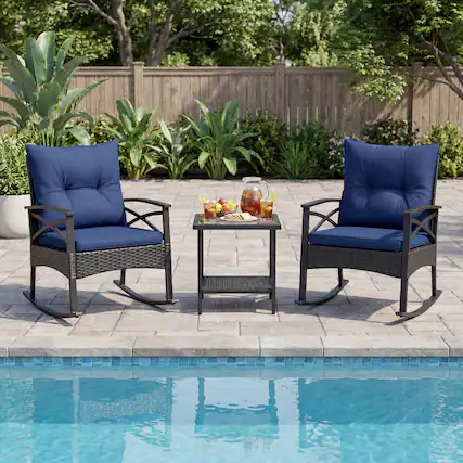 Front. Gymax - Gymax Set of 3 Rattan Rocking Bistro Set w/Tempered Glass Tabletop & Cushions for Porch Navy - Blue.
