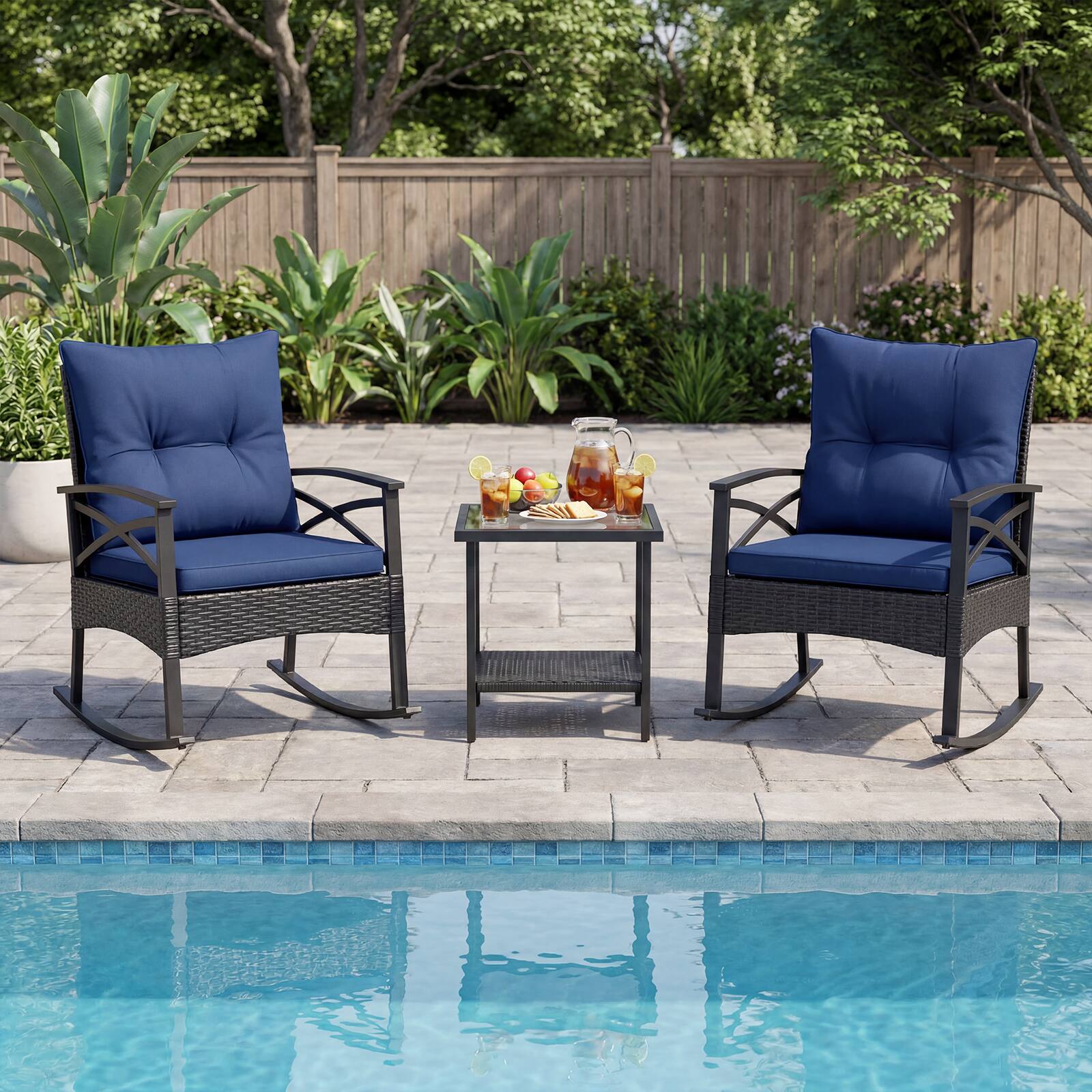 Front. Gymax - Gymax Set of 3 Rattan Rocking Bistro Set w/Tempered Glass Tabletop & Cushions for Porch Navy - Blue.