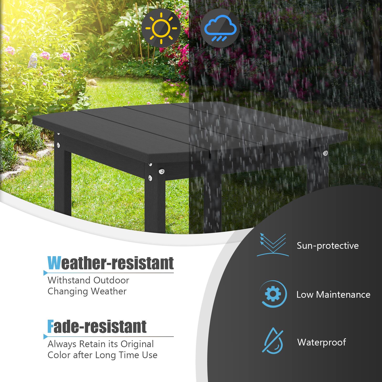 - Weather-resistant: Withstand Outdoor Changing Weather
- Sun-protective
- Low Maintenance
- Fade-resistant: Always Retain its Original Color after Long Time Use
- Waterproof
