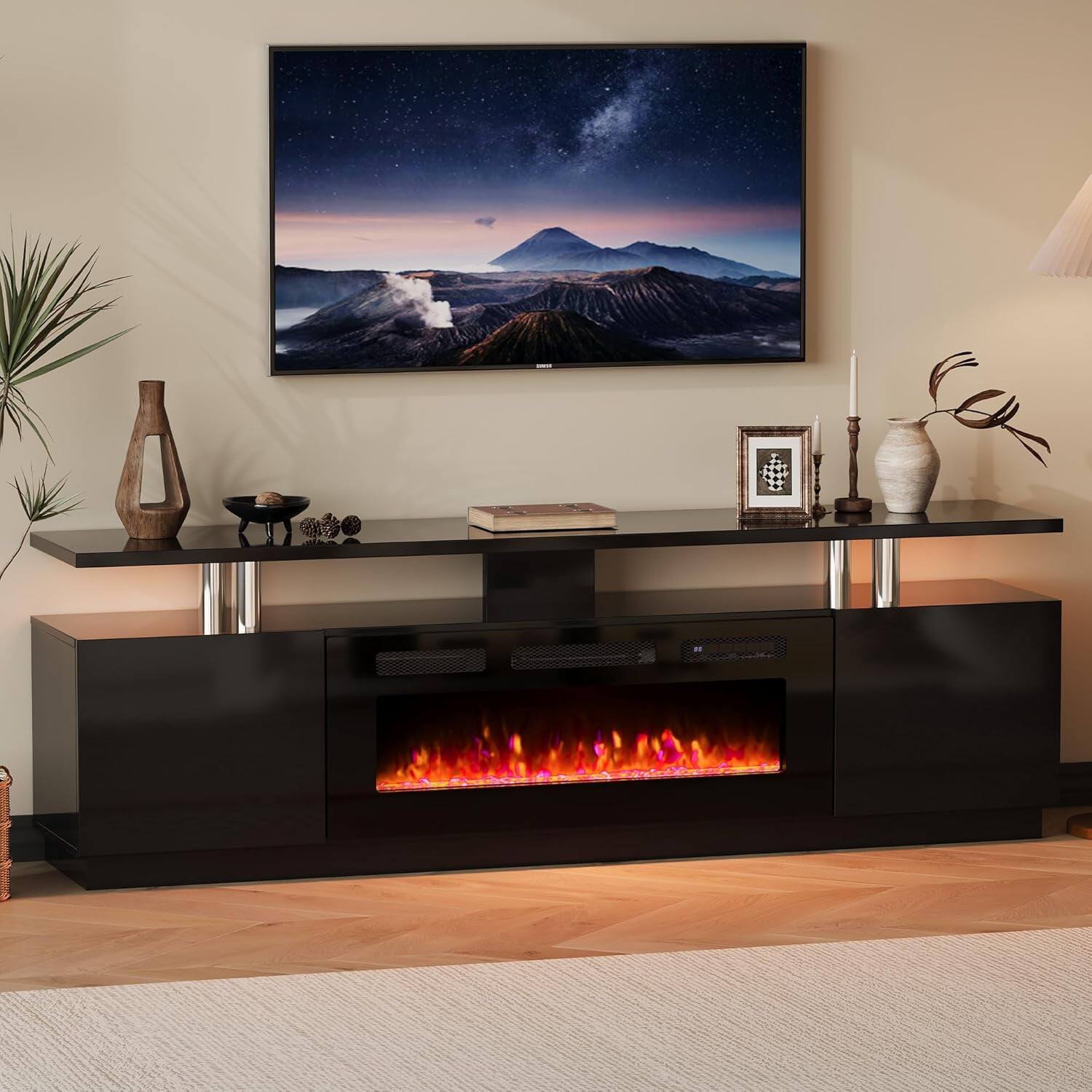 Angle. GARVEE - 70" Fireplace TV Stand 36" Electric Fireplace 12 Flame Colors Remote Storage Gloss Finish - Black.