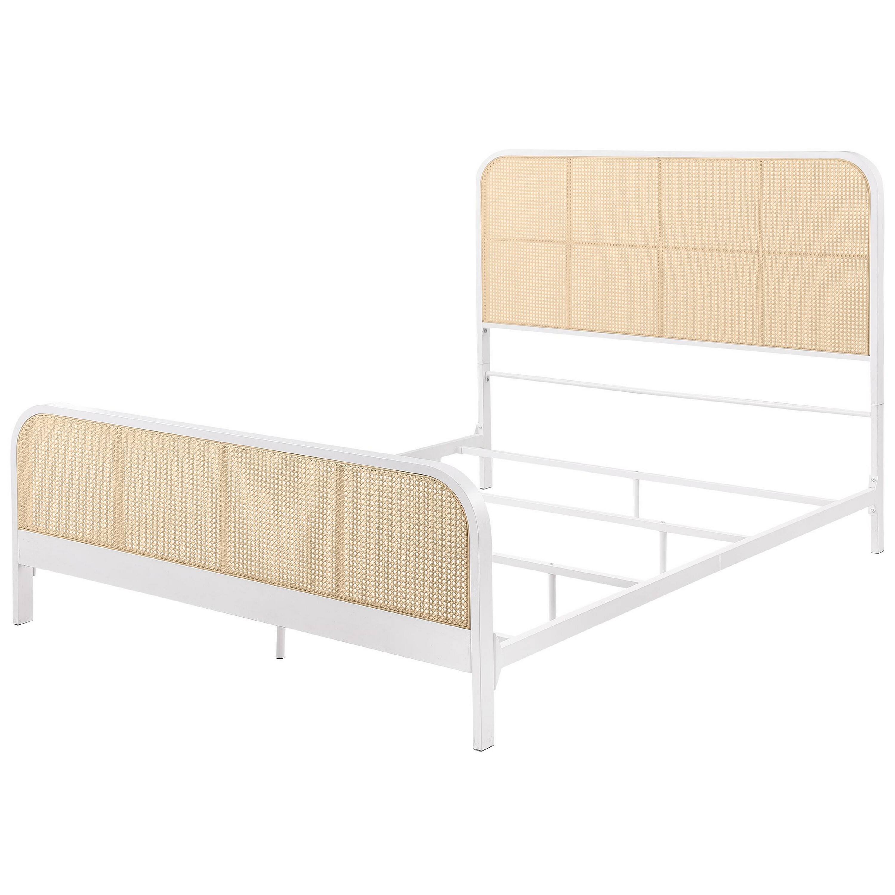 Alt View 2. Manhattan Lane - Lanie Queen Bed with Brown Open Cane Webbing Faux Rattan, White Metal - White, Brown.