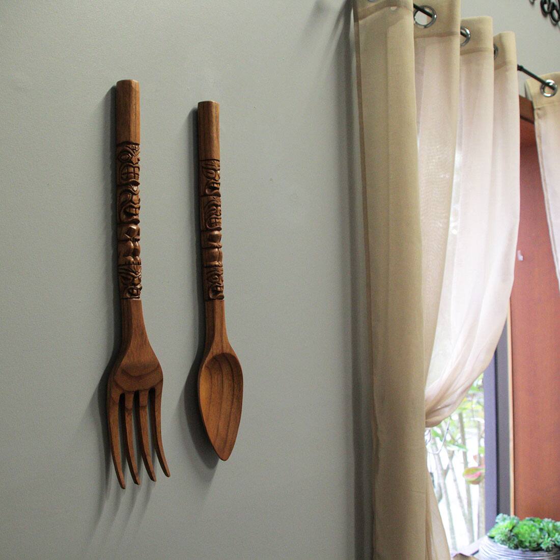 Alt View 3. Zeckos - 24 Inch Carved Tiki Spoon & Fork Wooden Wall Decor Art Utensil Decoration Set - Brown.