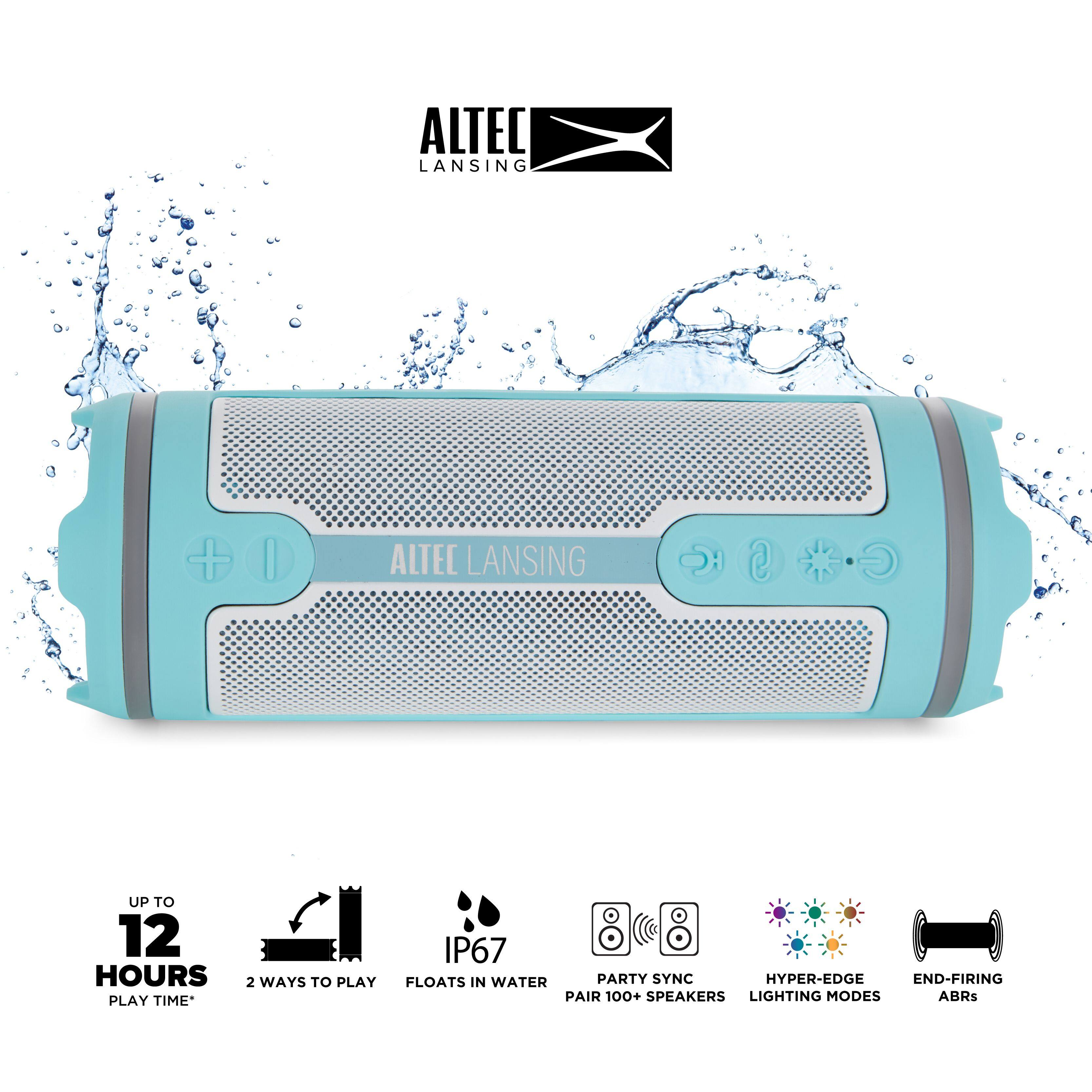 ALTEC LANSING

- UP TO 12 HOURS PLAY TIME*
- 2 WAYS TO PLAY
- IP67 FLOATS IN WATER
- PARTY SYNC
- HYPER-EDGE
- END-FIRING
- PAIR 100+ SPEAKERS
- LIGHTING MODES
- ABRS
