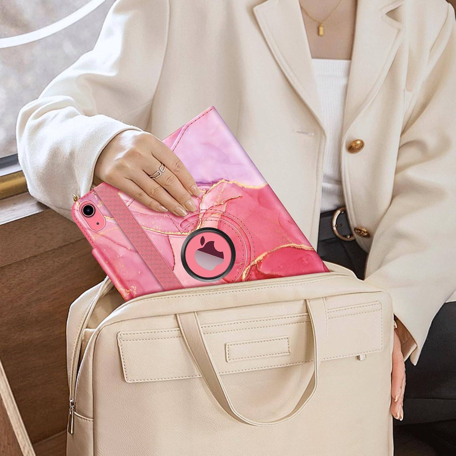 Alt View 5. Fintie - Rotating Case for iPad (A16) 11-inch 2025 and iPad 10th Gen 10.9 inch 2022, 360° Swivel Stand Magnetic Shockproof Cover - Marble Pink.