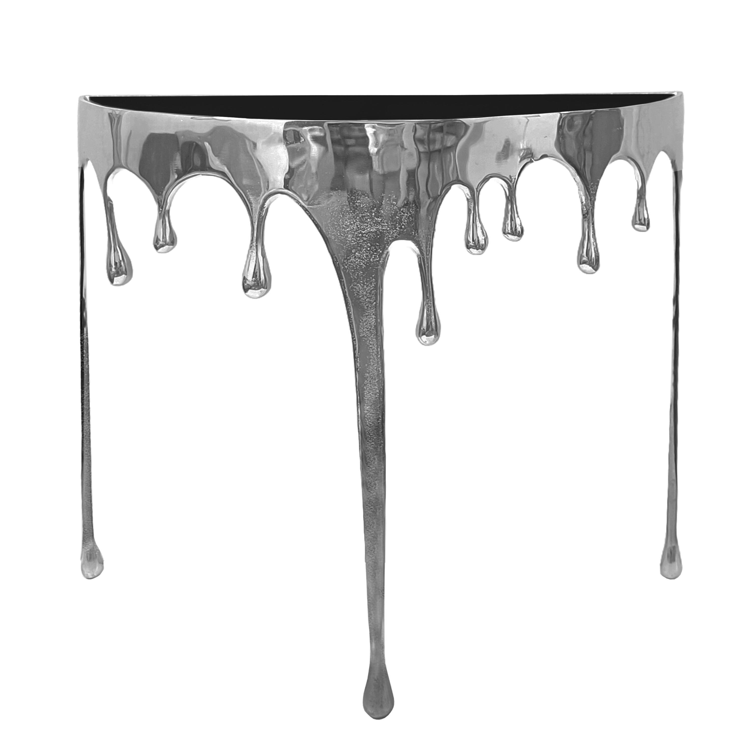 Alt View 1. Manhattan Lane - Capri Sofa Console Table | 36.25" Half Moon Glass Top | Melting Drip Design - Silver, Black.