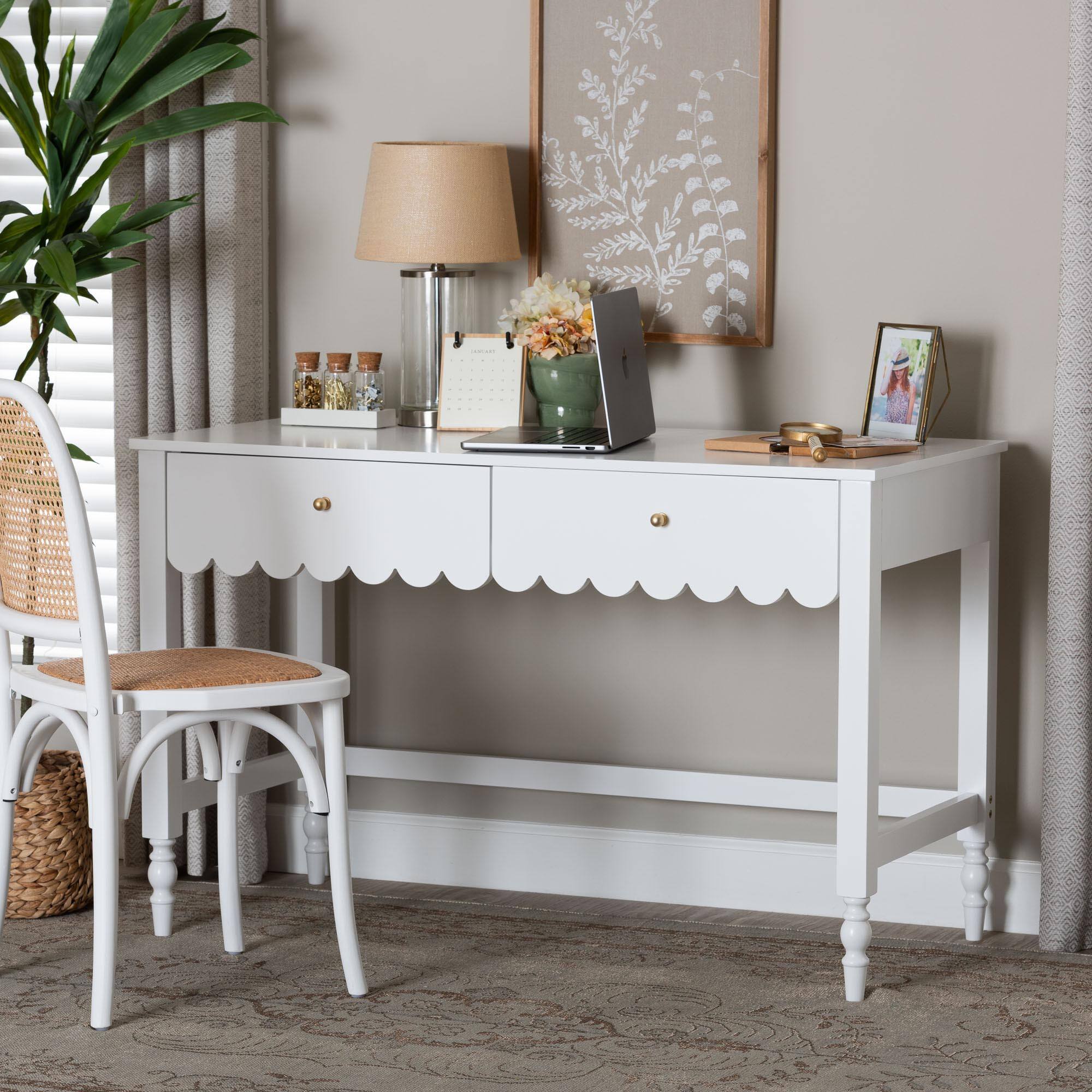 Alt View 5. Baxton Studio - Baxton Studio Roni Writing Desk with Drawers - Modern Cottage Style Desk with Scalloped Detailing, White - White.