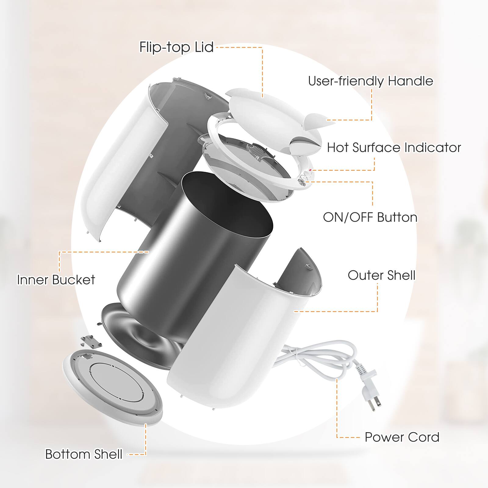 Flip-top Lid  
User-friendly Handle  
Hot Surface Indicator  
ON/OFF Button  
Inner Bucket  
Outer Shell  
Bottom Shell  
Power Cord