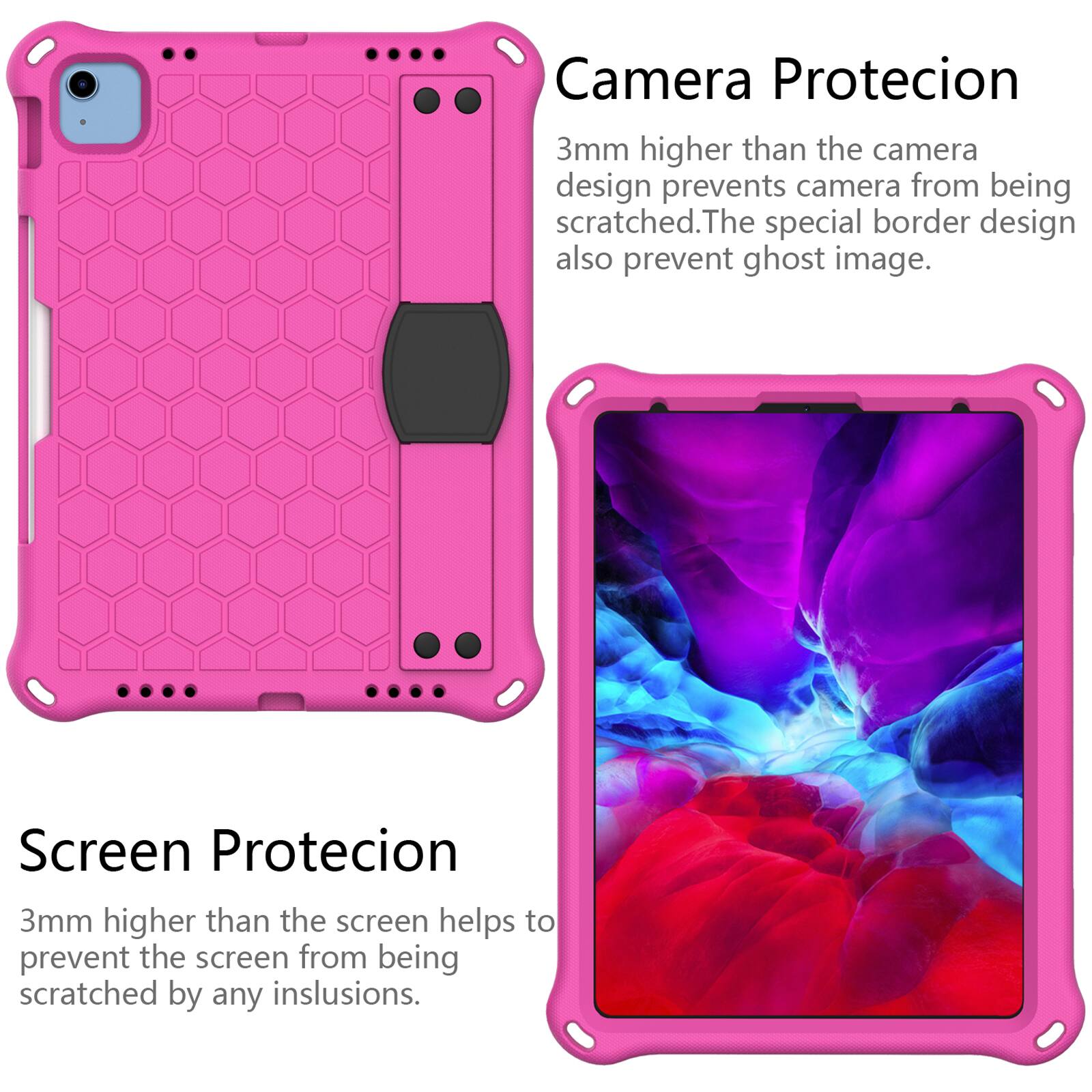 Camera Protection  
3mm higher than the camera design prevents camera from being scratched. The special border design also prevents ghost image.  

Screen Protection  
3mm higher than the screen helps to prevent the screen from being scratched by any inclusions.