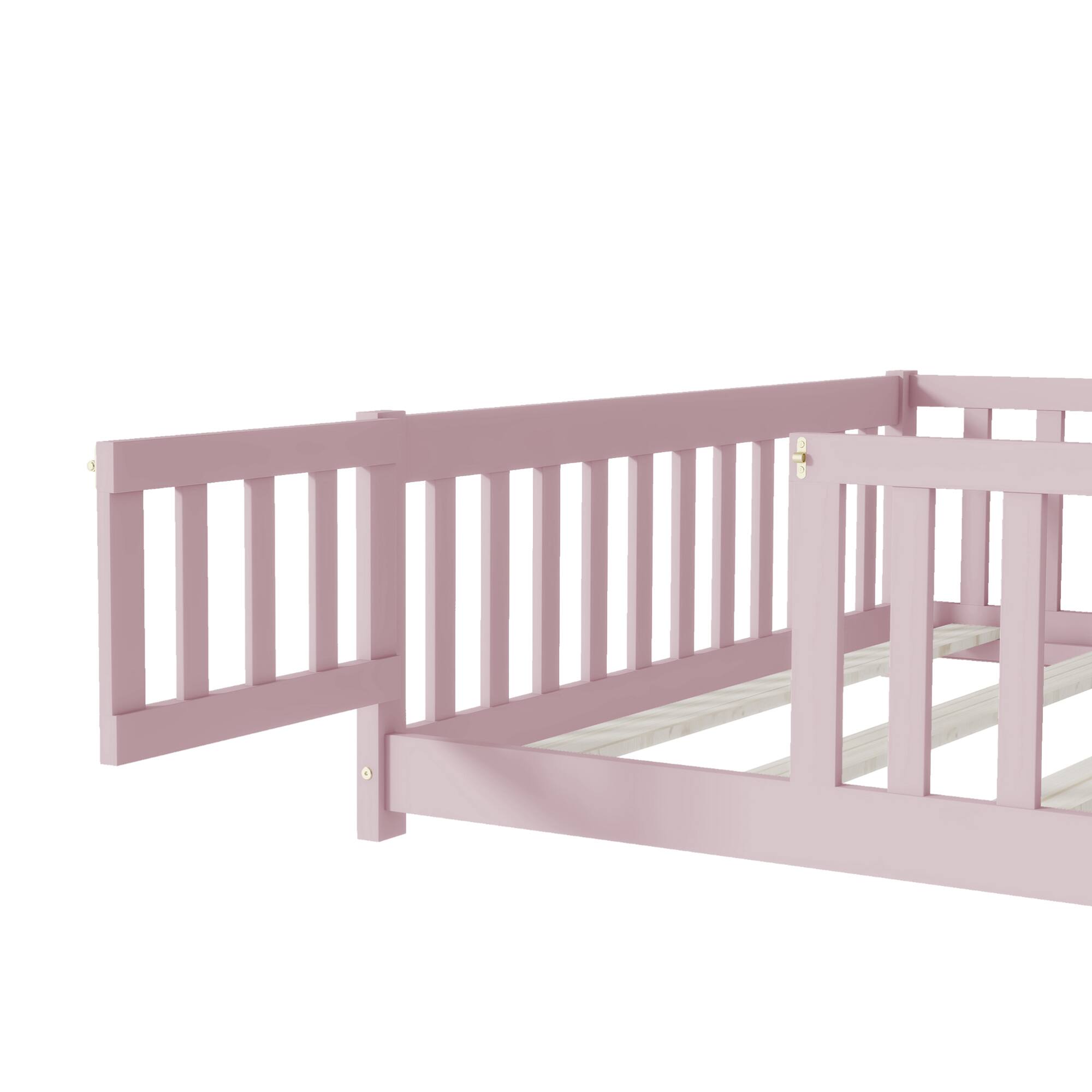 Alt View 10. GOODSILO - Full Size Floor Bed with Safety Fence and Revolving Door for Children, Sturdy Rubber Wood Construction - Pink.