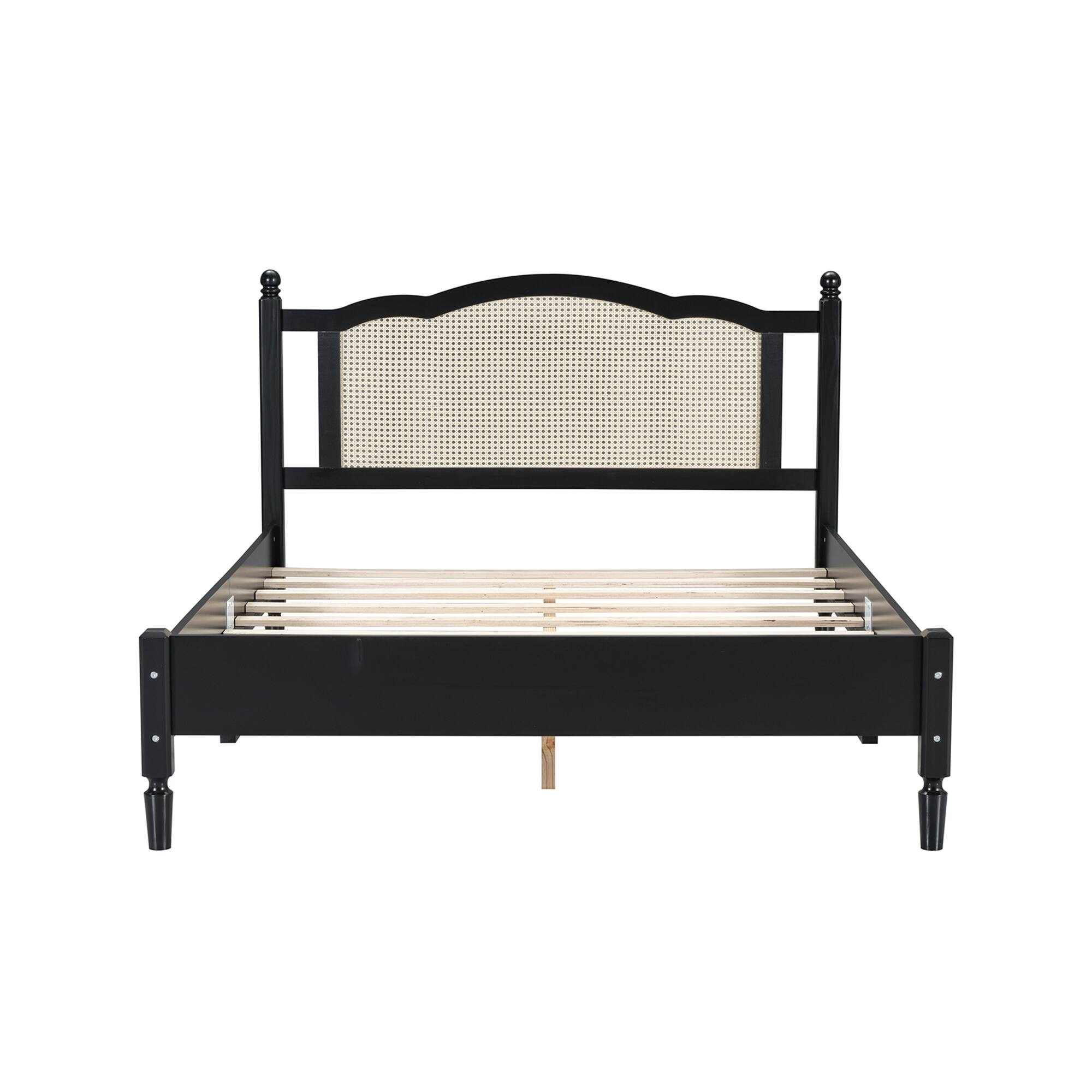Left. GOODSILO - Vintage Rattan Headboard Queen Size Platform Bed Frame with Wooden Slat Support - Black.