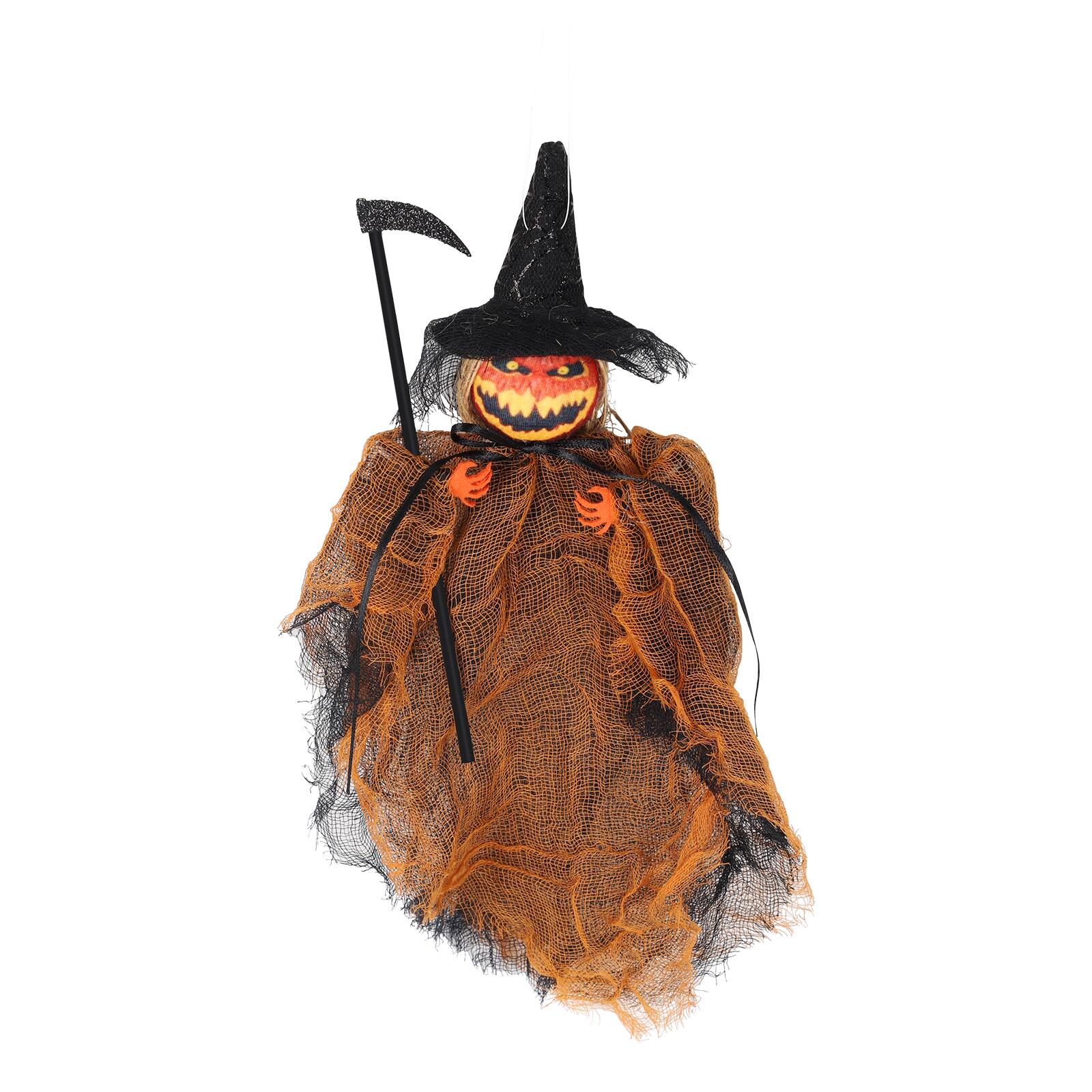 Angle. Oumilen - 12.2 Inch Halloween Hanging Pumpkin Reaper Ornament, Spooky Scarecrow Pendant with Scythe for Door Wall Decor, Orange - Orange.