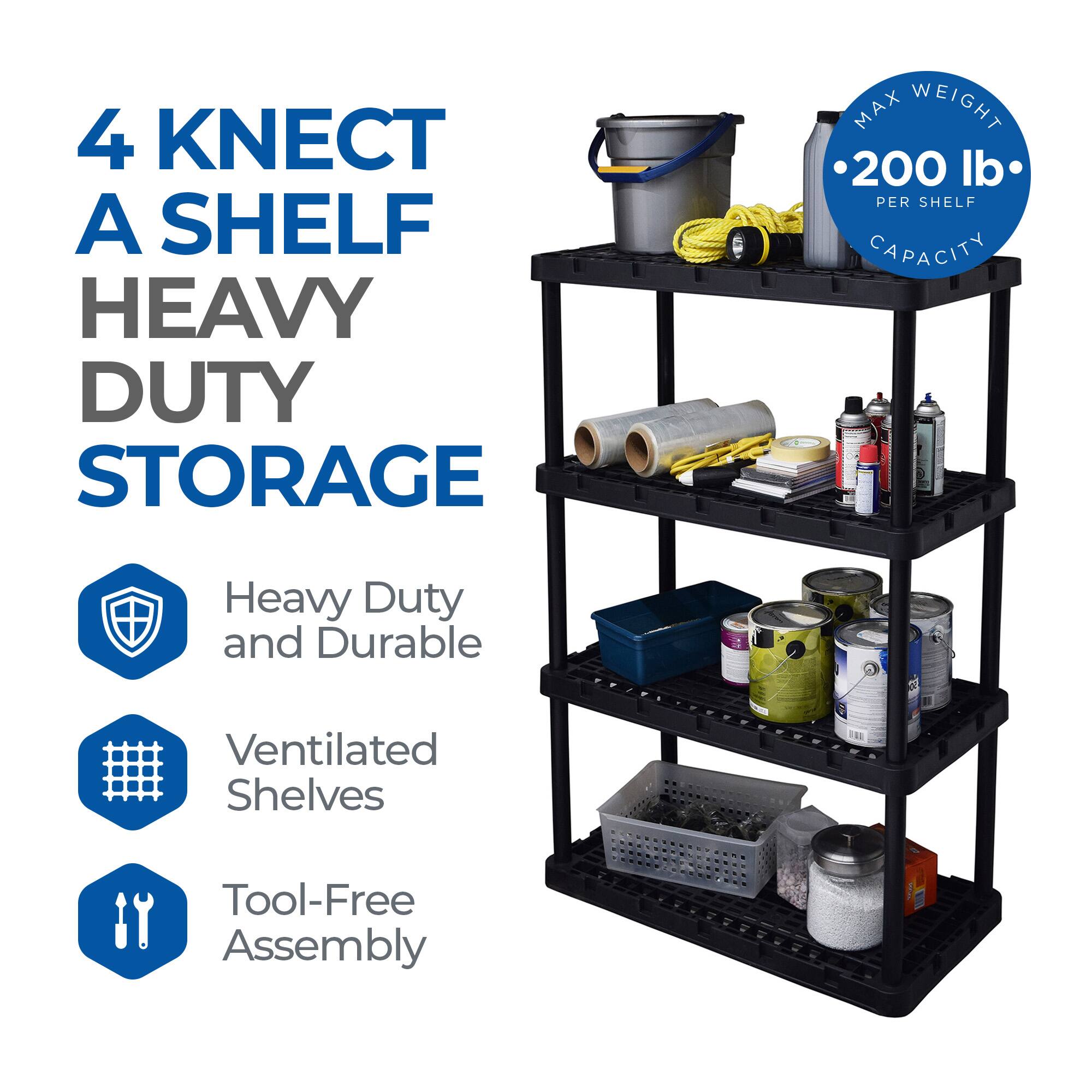 4 KNECT A SHELF  
HEAVY DUTY STORAGE  

MAX WEIGHT  
200 lb PER SHELF CAPACITY  

Heavy Duty and Durable  
Ventilated Shelves  
Tool-Free Assembly