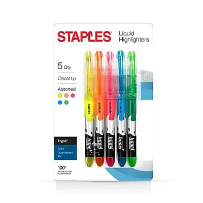STAPLES Liquid Highlighters
5 Qty
Chisel tip
Assorted
Hype®
Bold
Ultra-Fluorescent
100%
Made in China