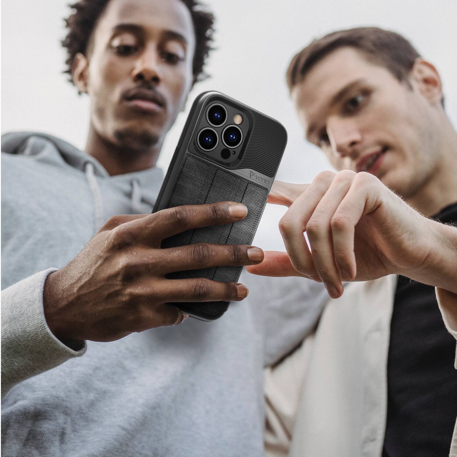 Angle. Vena - vCommute for Apple iPhone 14 Pro Wallet Case, Leather Flip Cover with Card Slot and Kickstand - Slate Black - Black.