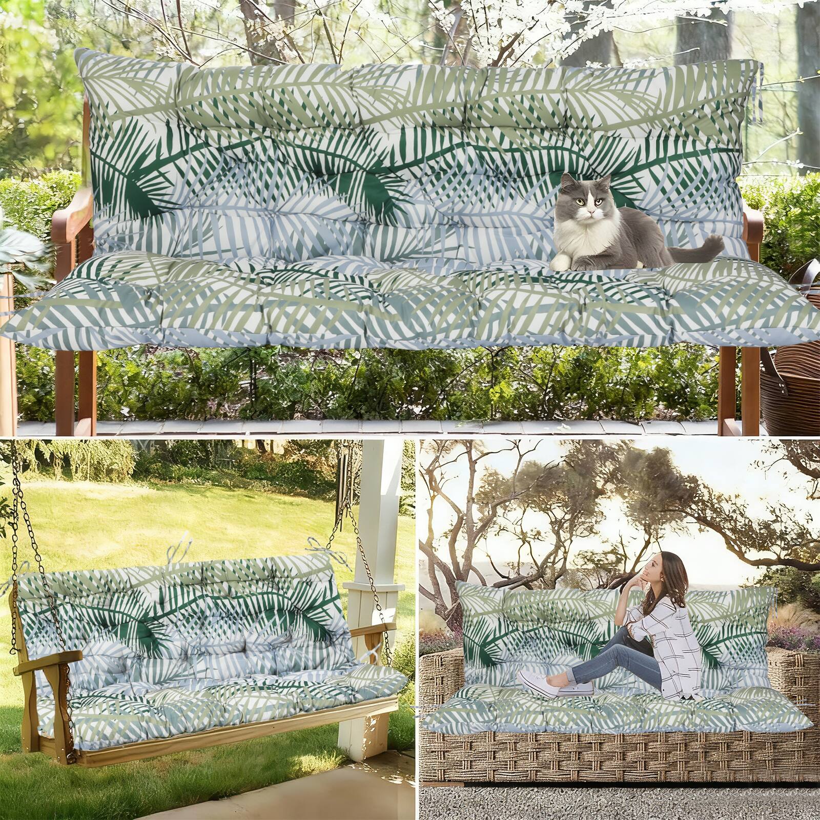 Alt View 3. Chateau Abodes - Outdoor Replacement Seat Cushions for 2-3 Person Swing & Bench, Waterproof Sofa Pads with Backrest for Patio Furniture - Bamboo Leaves-40x60in.