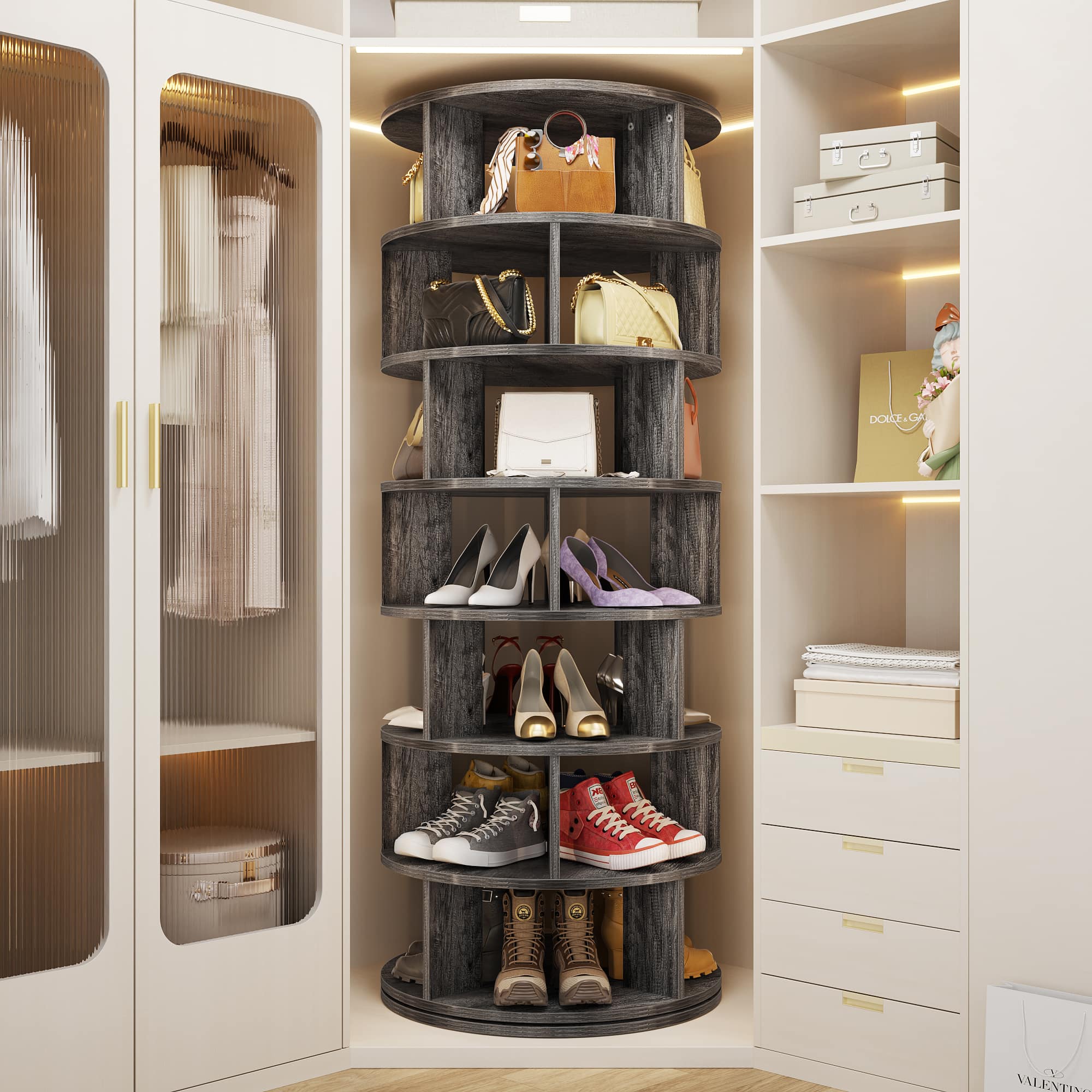 Aheaplus 7 Tier 360° Rotating Shoe Rack Tower Vertical MDF
