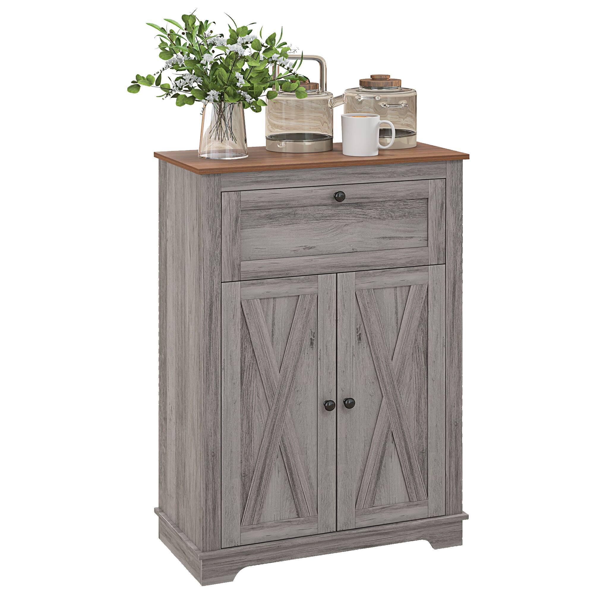 Front. Homcom - Farmhouse Barn Door Accent Cabinet, Kitchen Sideboard Storage Cabinet with Drawer & Adjustable Shelf for Living Room - Gray.