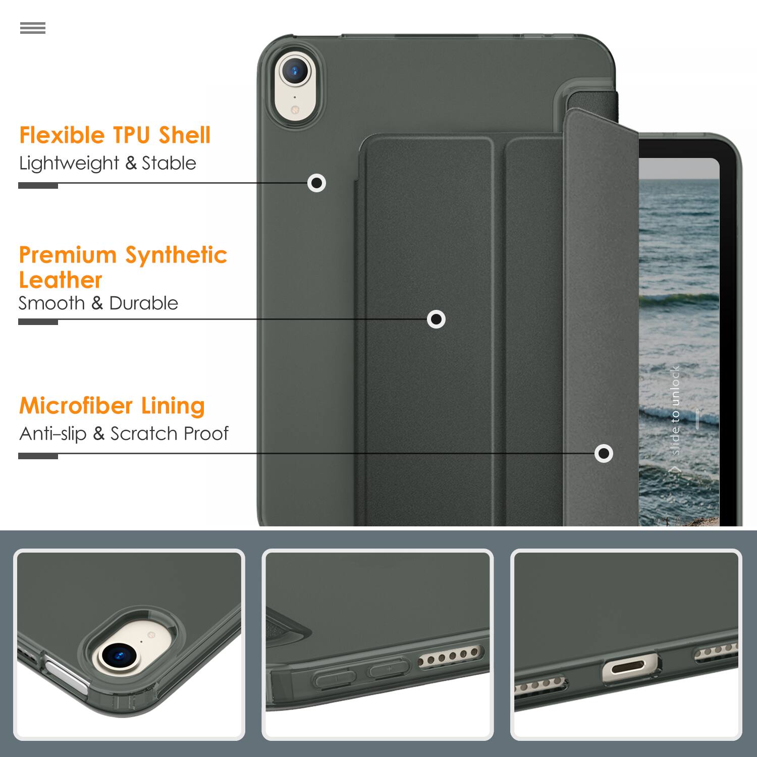 Flexible TPU Shell  
Lightweight & Stable  

Premium Synthetic Leather  
Smooth & Durable  

Microfiber Lining  
Anti-slip & Scratch Proof  

Unlock O1 slide