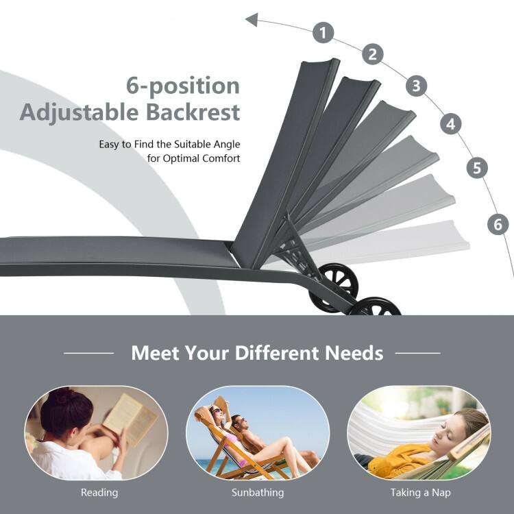 6-position Adjustable Backrest  
Easy to Find the Suitable Angle for Optimal Comfort  

Meet Your Different Needs  
Reading  
Sunbathing  
Taking a Nap