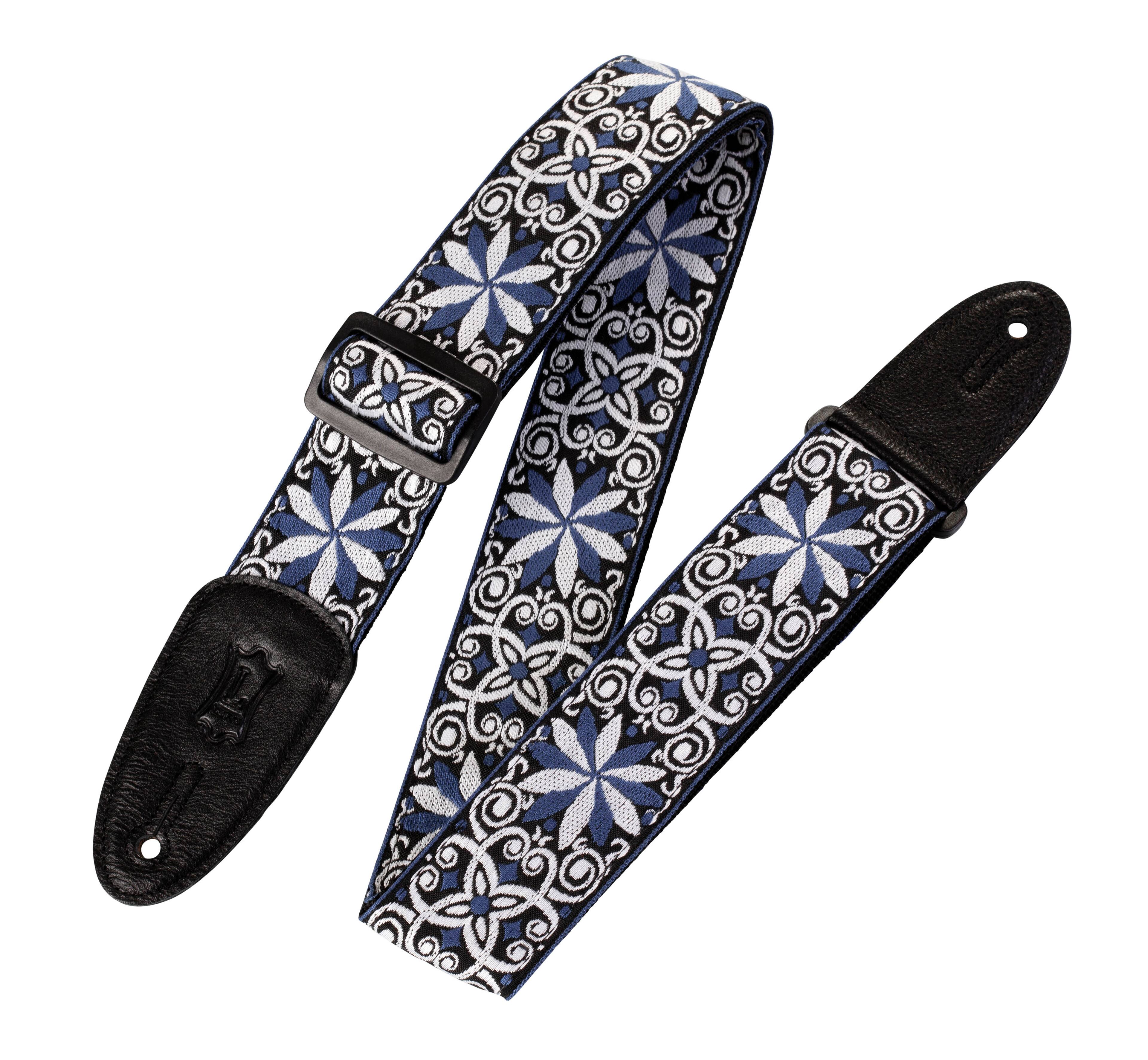 Front. Levy's Leathers - 60s Hootenanny Jacquard Weave Guitar Strap, Print Series - 2 inch. Wide - Floral Blue.