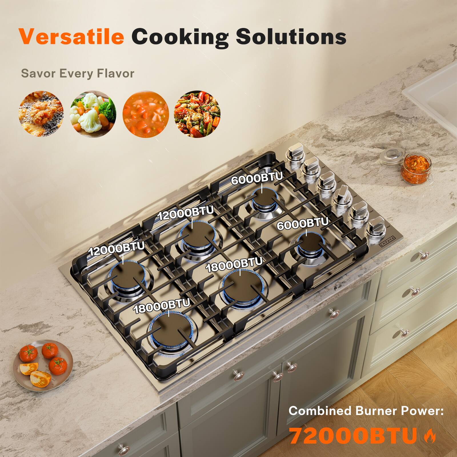 Versatile Cooking Solutions, Savor Every Flavor, 6000BTU, 12000BTU, 6000BTU, 12000BTU, 18000BTU, 18000BTU, Combined Burner Power: 72000BTU