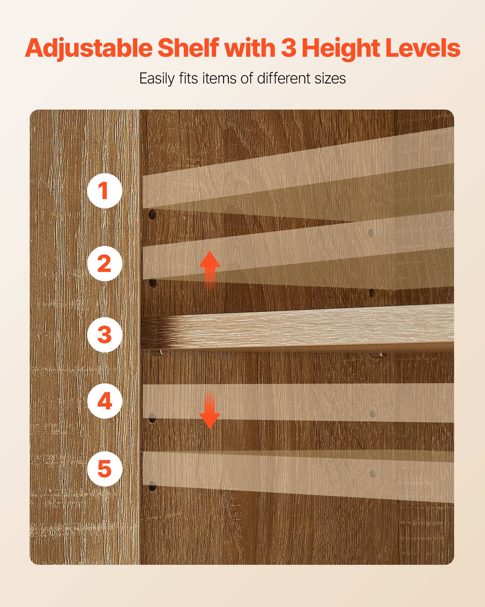 Adjustable Shelf with 3 Height Levels  
Easily fits items of different sizes  

1  
2  
3  
4  
5