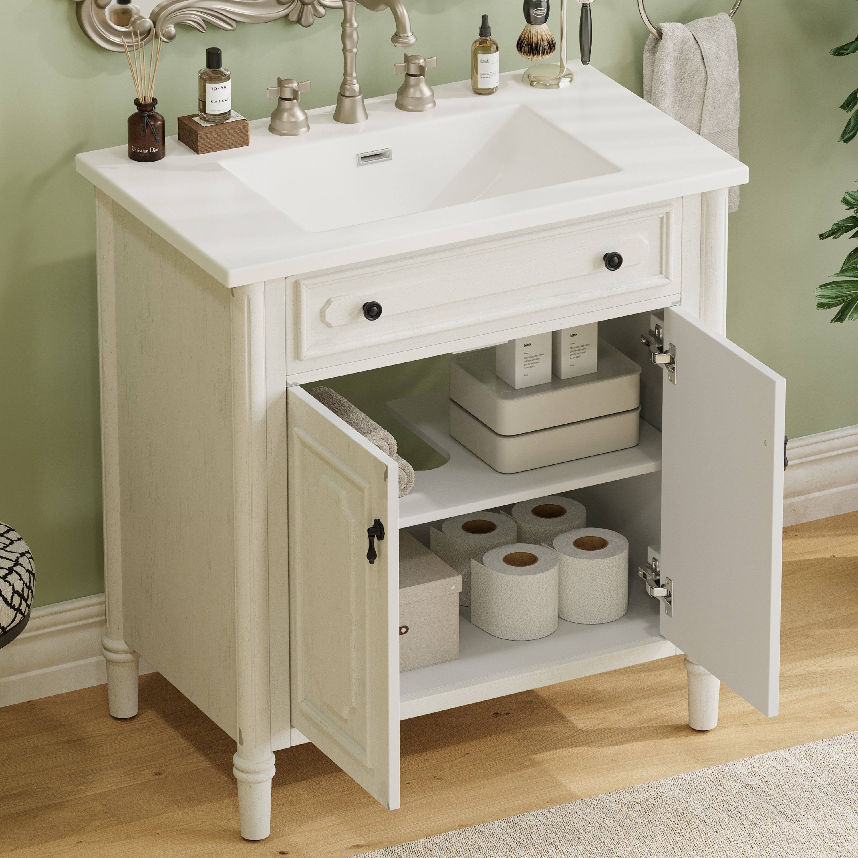 Left. Boyel Living - 31 Inch Vintage Bathroom Vanity with Sink Rustic Cabinet Soft Close Doors Adjustable Shelf White - White.