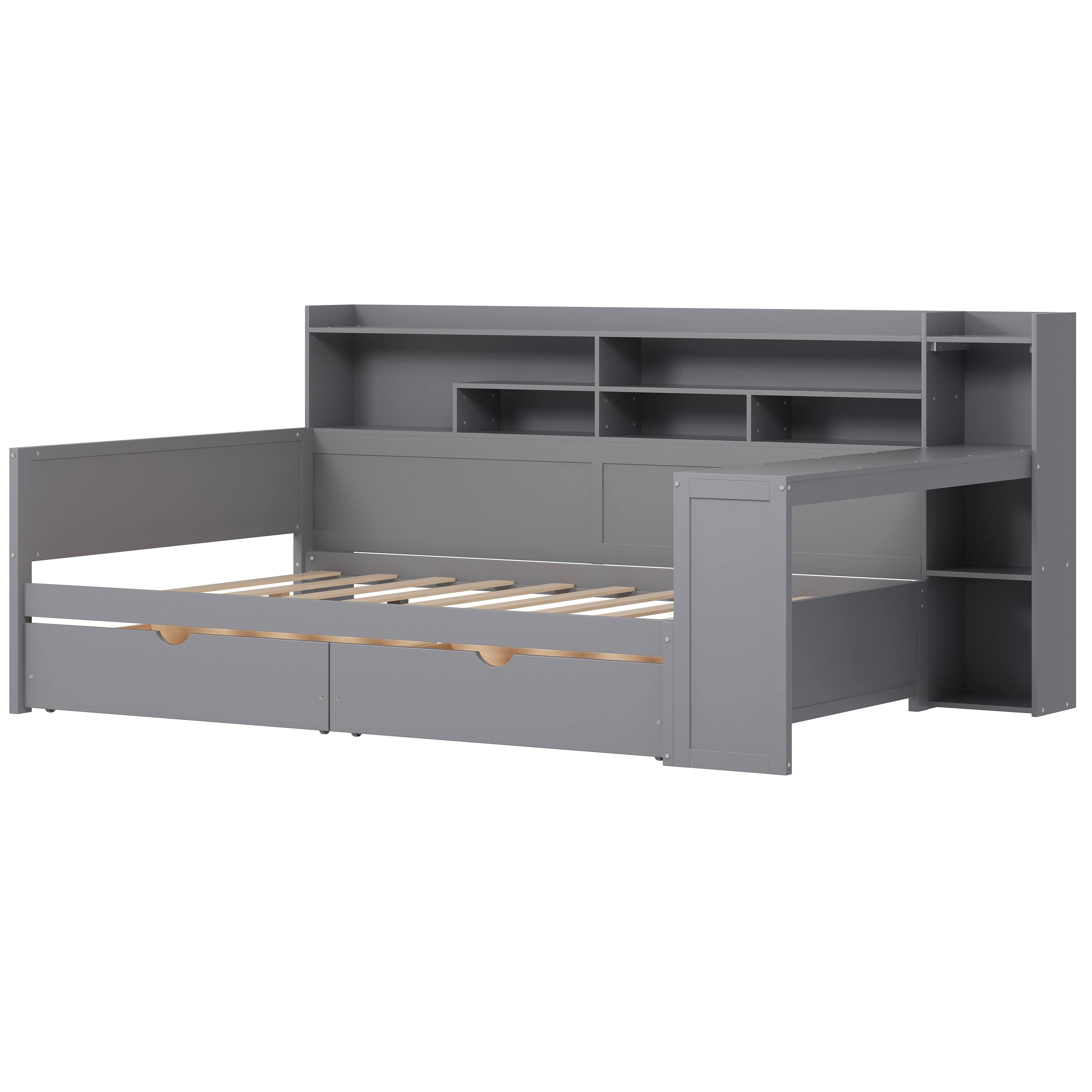 Alt View 6. Tiramisubest - Wooden Full Size Daybed with Storage Shelves, Multi-functional Bed with Two Storage Drawers and  Study Desk, Gray - Gray.