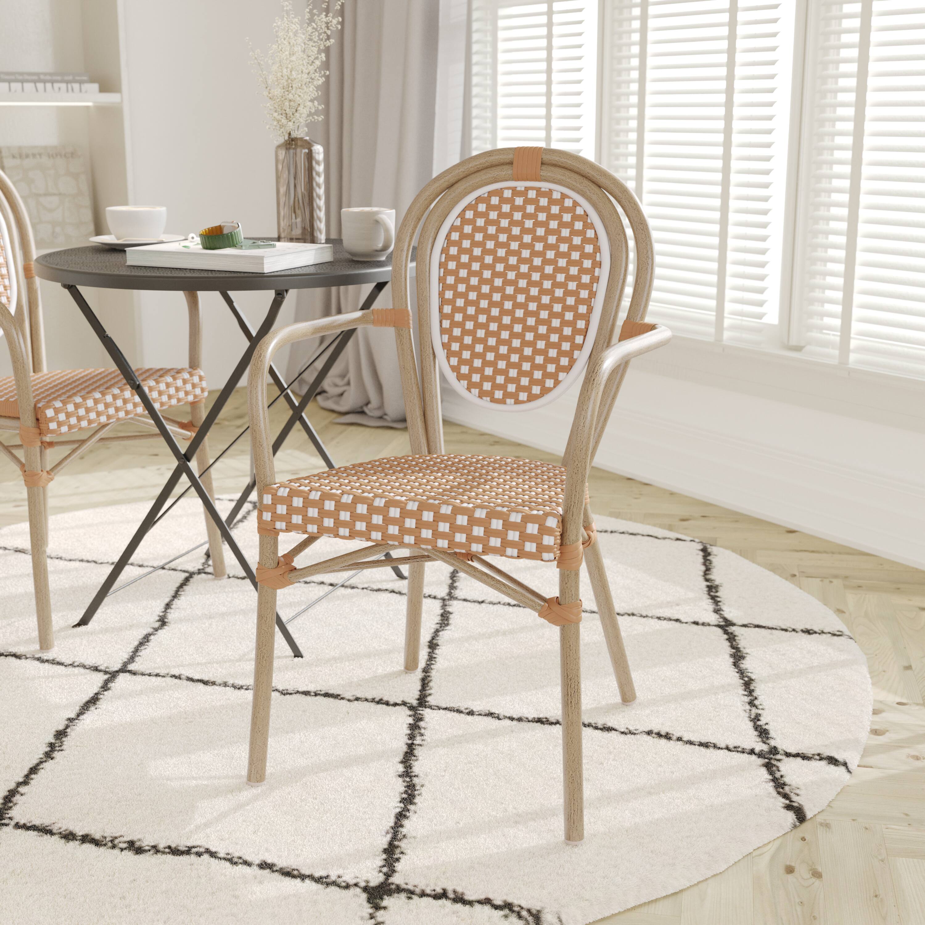 Alt View 1. Emma + Oliver - Colmar Indoor/Outdoor Stacking Thonet Bistro Style Chair with Arms, PE Rattan Seat and Finished Metal Frame - Natural & White/Light Natural Frame.