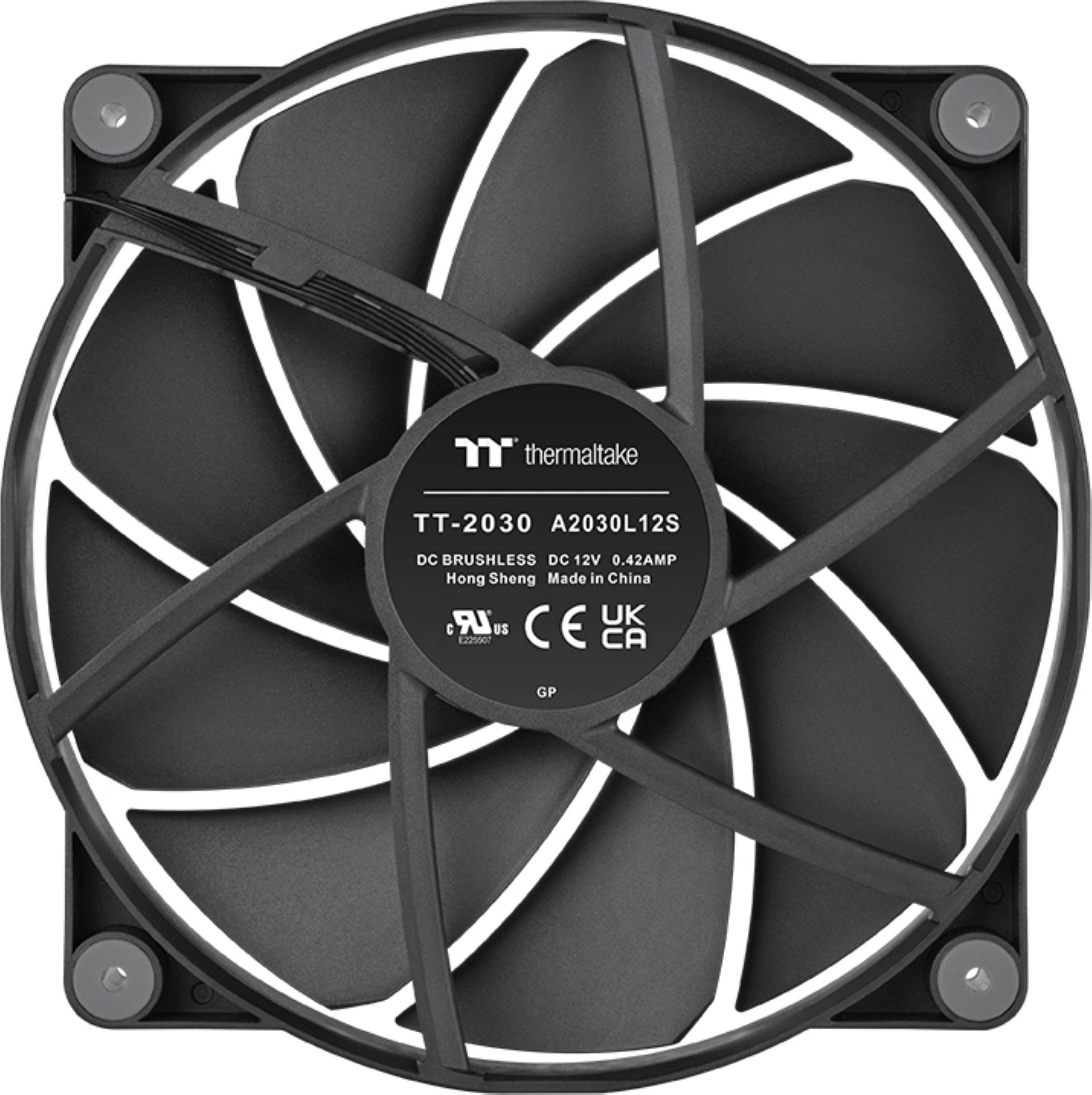 The text on the image reads: "thermaltake TT-2030 A2030L12S DC BRUSHLESS DC 12V 0.42AMP Hong Sheng Made in China LR UK CE Ez2o0r US CE CA GP."