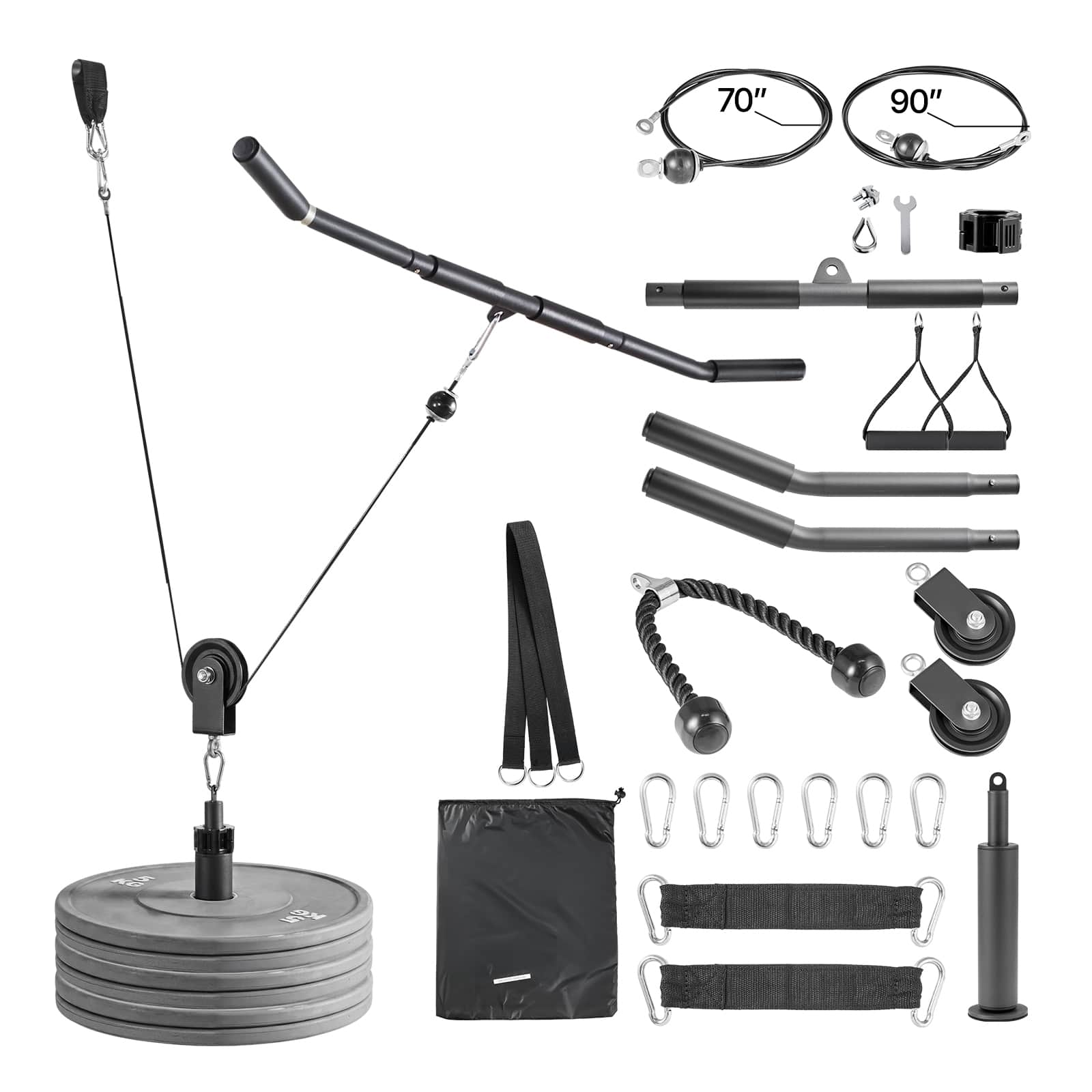 VEVOR - Pulley System, 2 PCS LAT and Lift Pulley System, Gym Rack Pulleys Attachment with two Steel Cables, Short Bar - Black