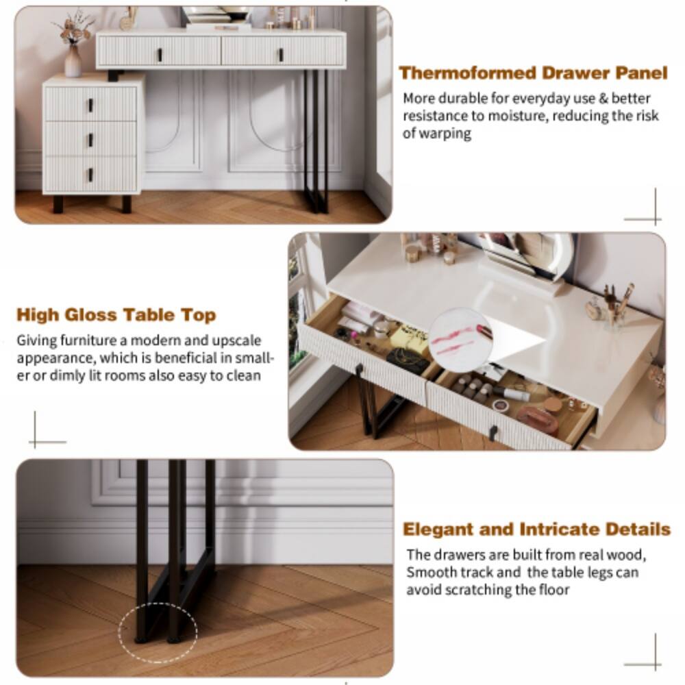 Thermoformed Drawer Panel  
More durable for everyday use & better resistance to moisture, reducing the risk of warping  

High Gloss Table Top  
Giving furniture a modern and upscale appearance, which is beneficial in smaller or dimly lit rooms also easy to clean  

Elegant and Intricate Details  
The drawers are built from real wood, Smooth track and the table legs can avoid scratching the floor