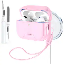 Dteck - Rugged Protective Case for AirPods 4th Gen Shockproof Magnetic Lock Cover with Phone Stand + Lanyard + Cleaning Pen - Pink