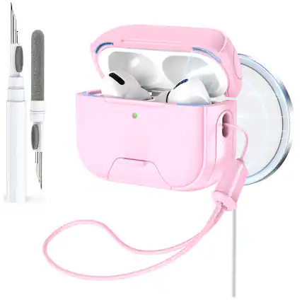 Front. Dteck - Rugged Protective Case for AirPods Pro 2nd Gen Shockproof Magnetic Lock Cover with Phone Stand + Lanyard + Cleaning Pen - Pink.